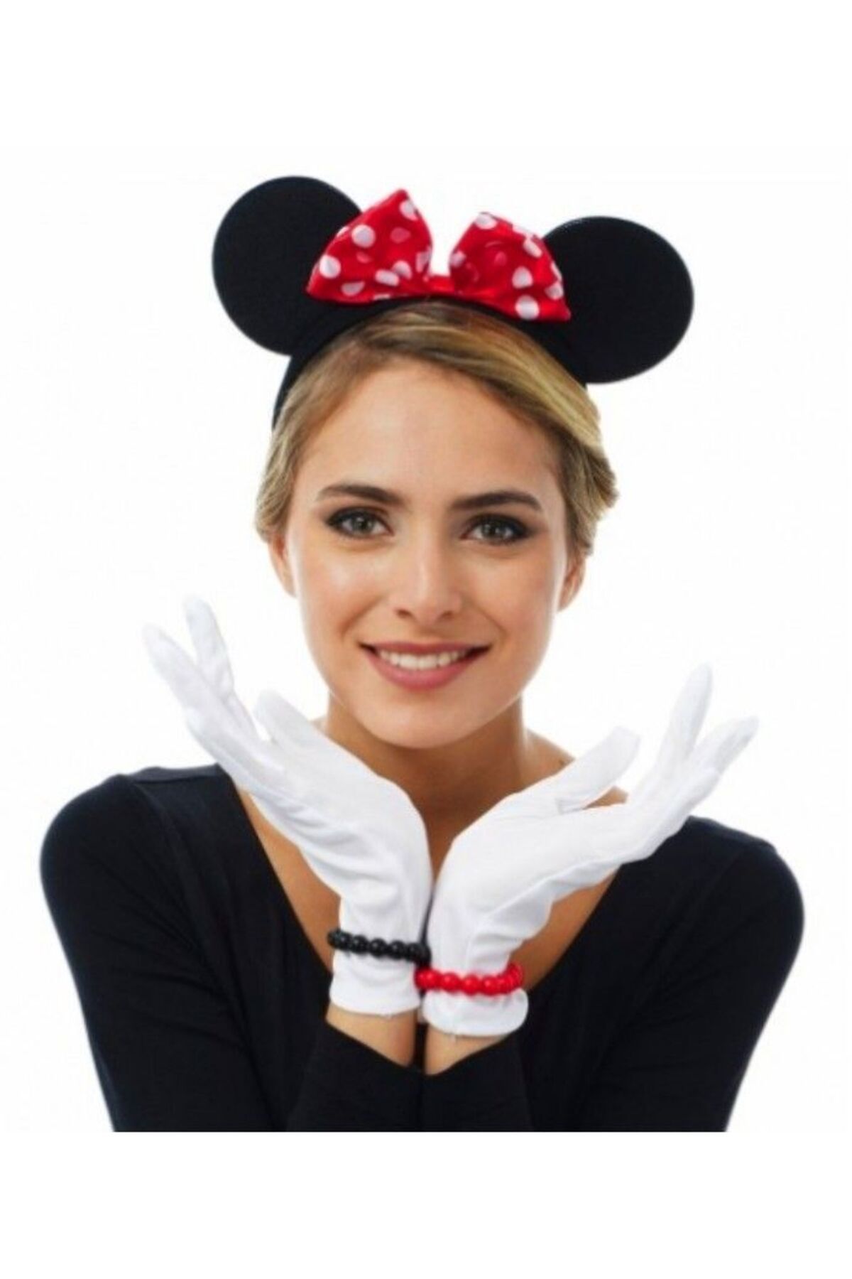 Yuba Avm NessiWorld Kırmızı Fiyonklu Minnie Mouse Tacı ve Beyaz Eldiven Seti