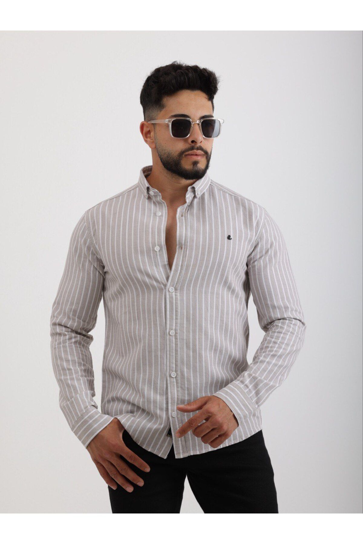 cliento Erkek Slim Fit Taş Çizgili Keten Gömlek