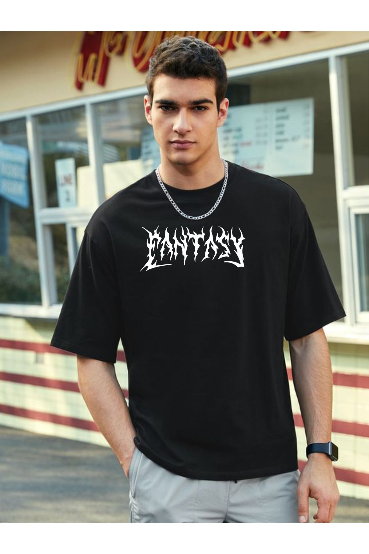 estilowear Unisex Siyah Oversize Bisiklet Yaka Baskılı T-shirt 1024