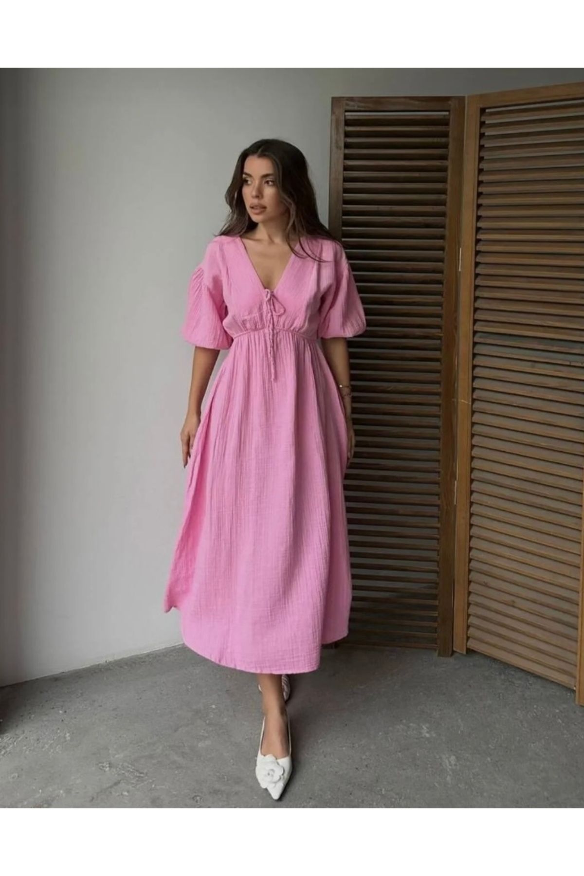 Tisya butik Kadın V Yaka Pembe Müslin Elbise