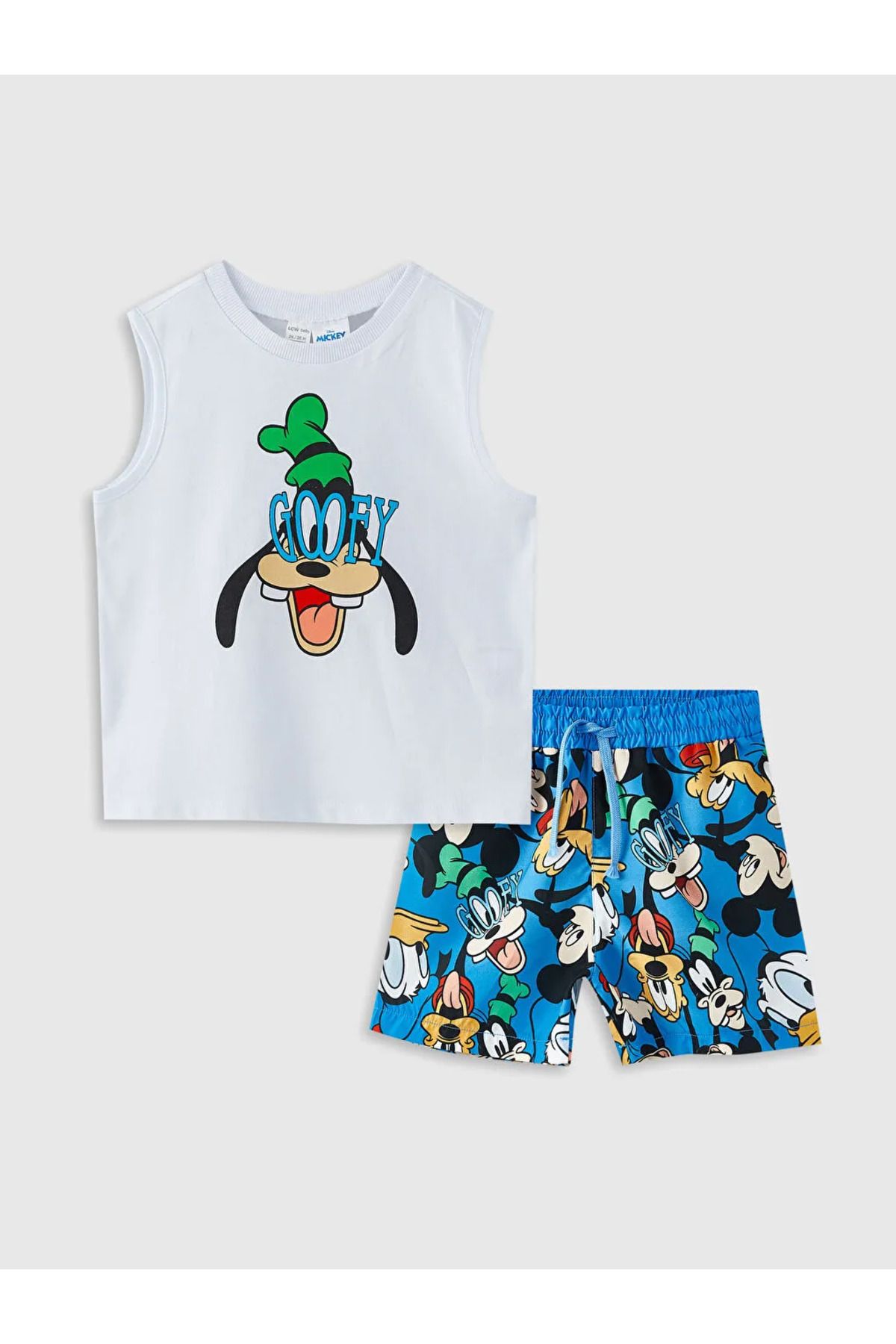 LC Waikiki LCW baby Beyaz Bisiklet Yaka Goofy Baskılı Hızlı Kuruyan Erkek Bebek Atlet ve Deniz Şortu 2'li Takım
