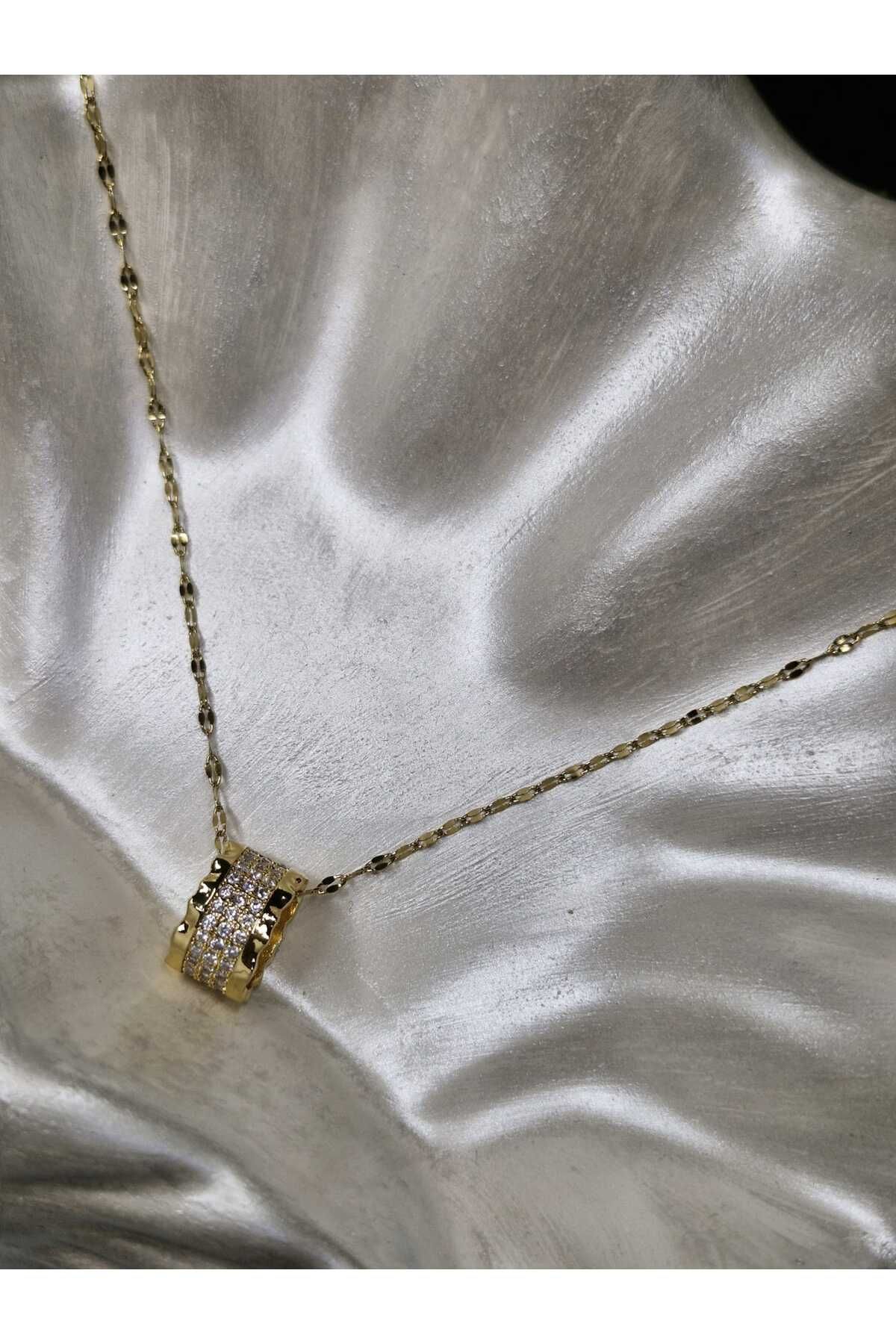 Palk Store Çelik Halka Yüzük Detaylı Zirkon Taşlı Kolye Gold