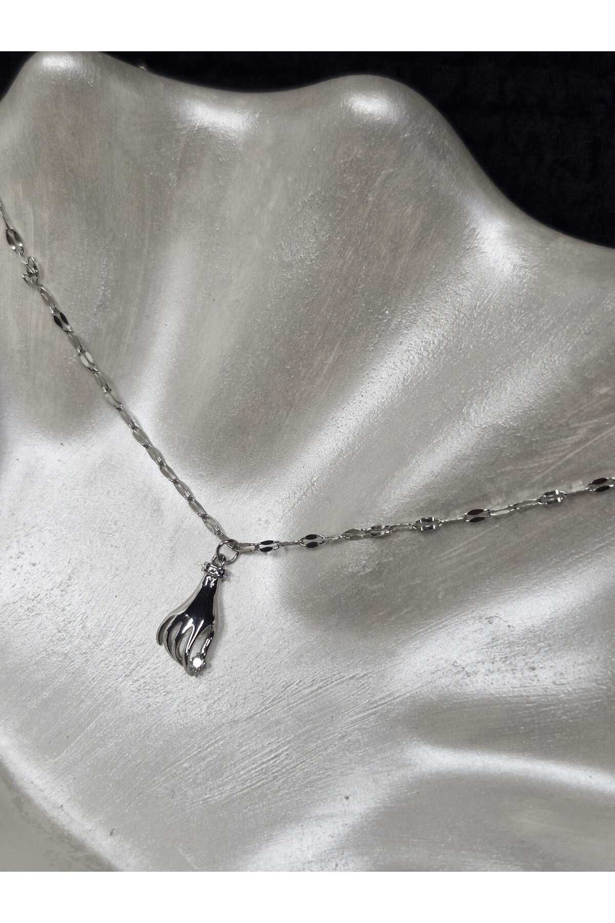 Palk Store Çelik El Zirkon Taşlı Kolye Gümüş