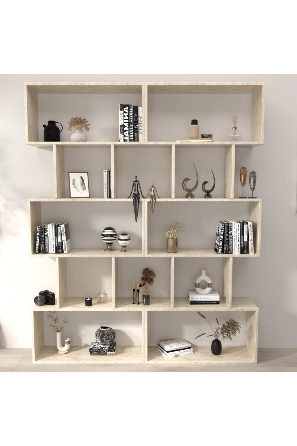 klubeconcept Traverten Desenli Dekoratif Kitaplık 6 Gözlü Modern Raf Ünitesi