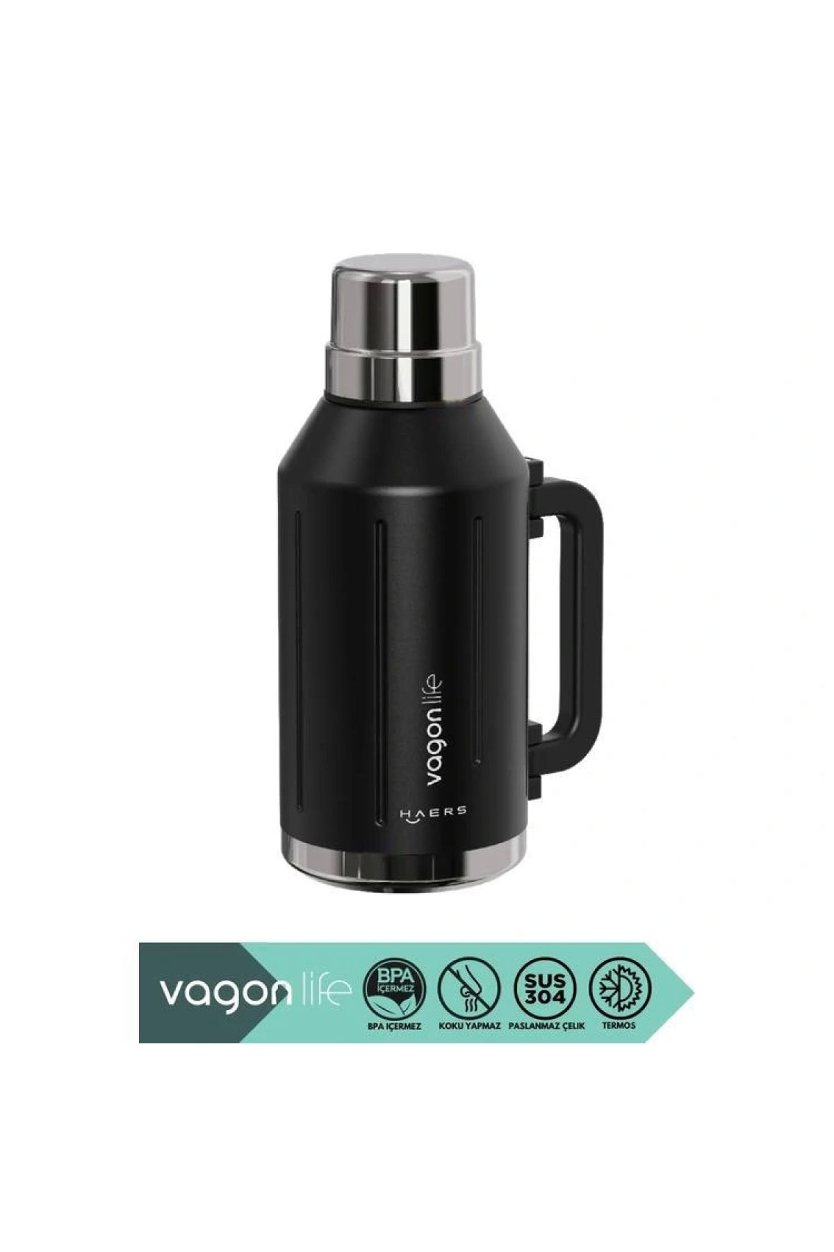 Vagonlife VAGONLİFE HAERS KULPLU PASLANMAZ ÇELİK TERMOS VGN1004 1200 ML CARBON BLACK