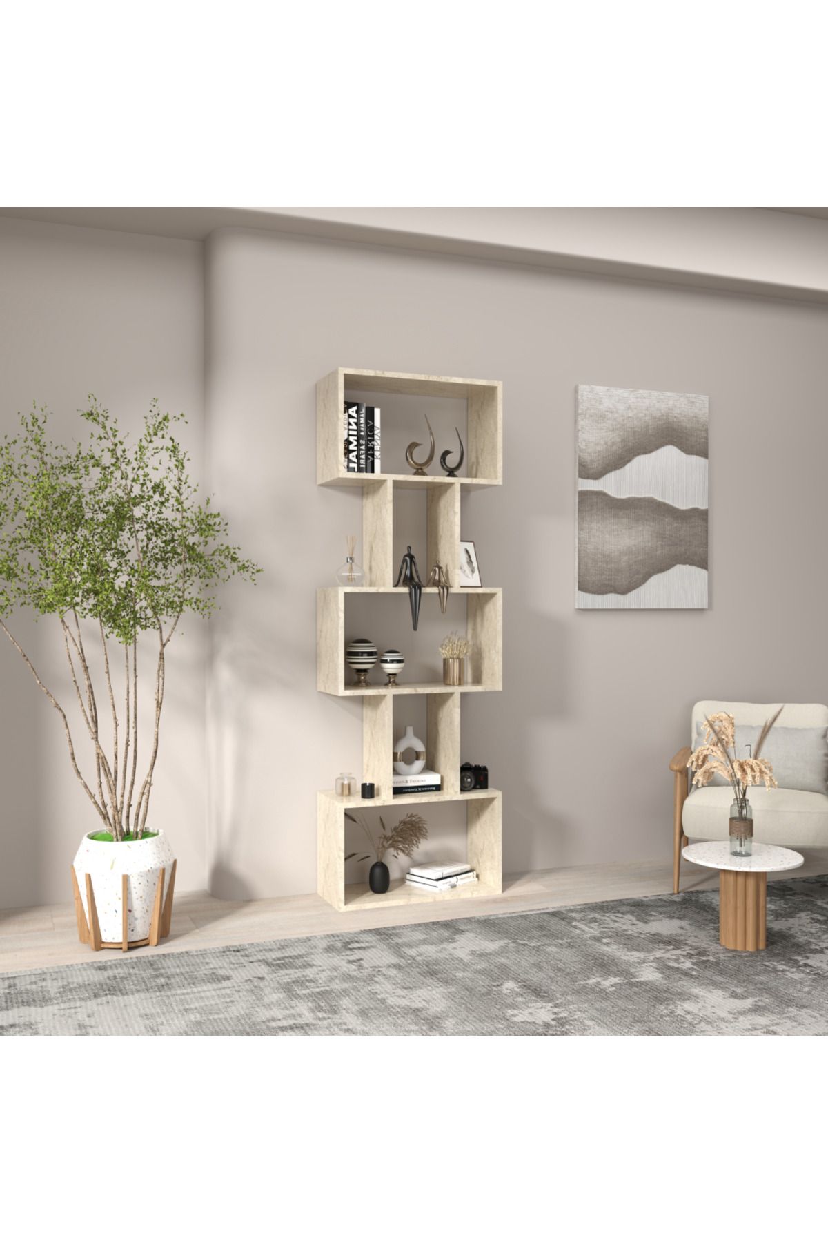 klubeconcept Traverten Desenli Dekoratif Kitaplık 6 Gözlü Modern Raf Ünitesi