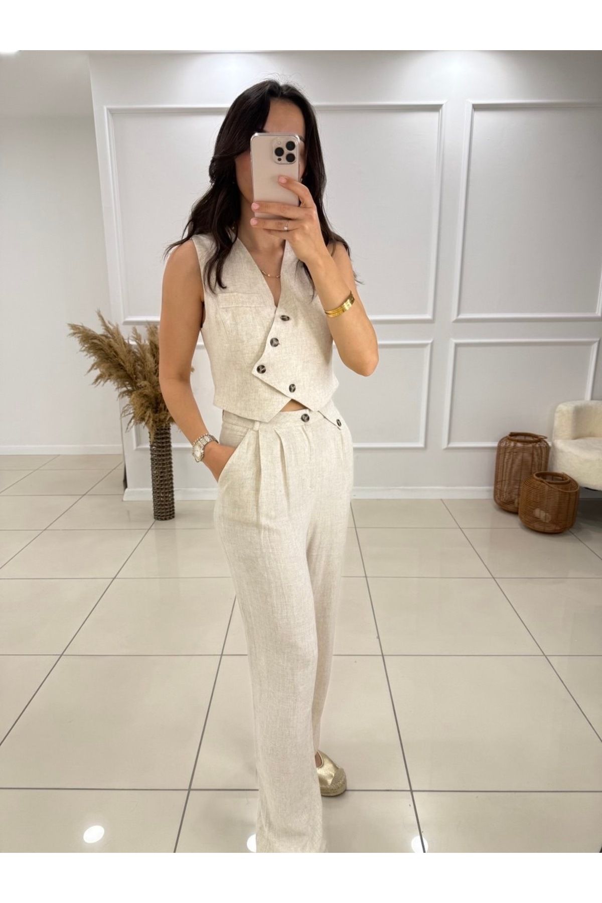 Butik Keten Yelek Pantolon Takım
