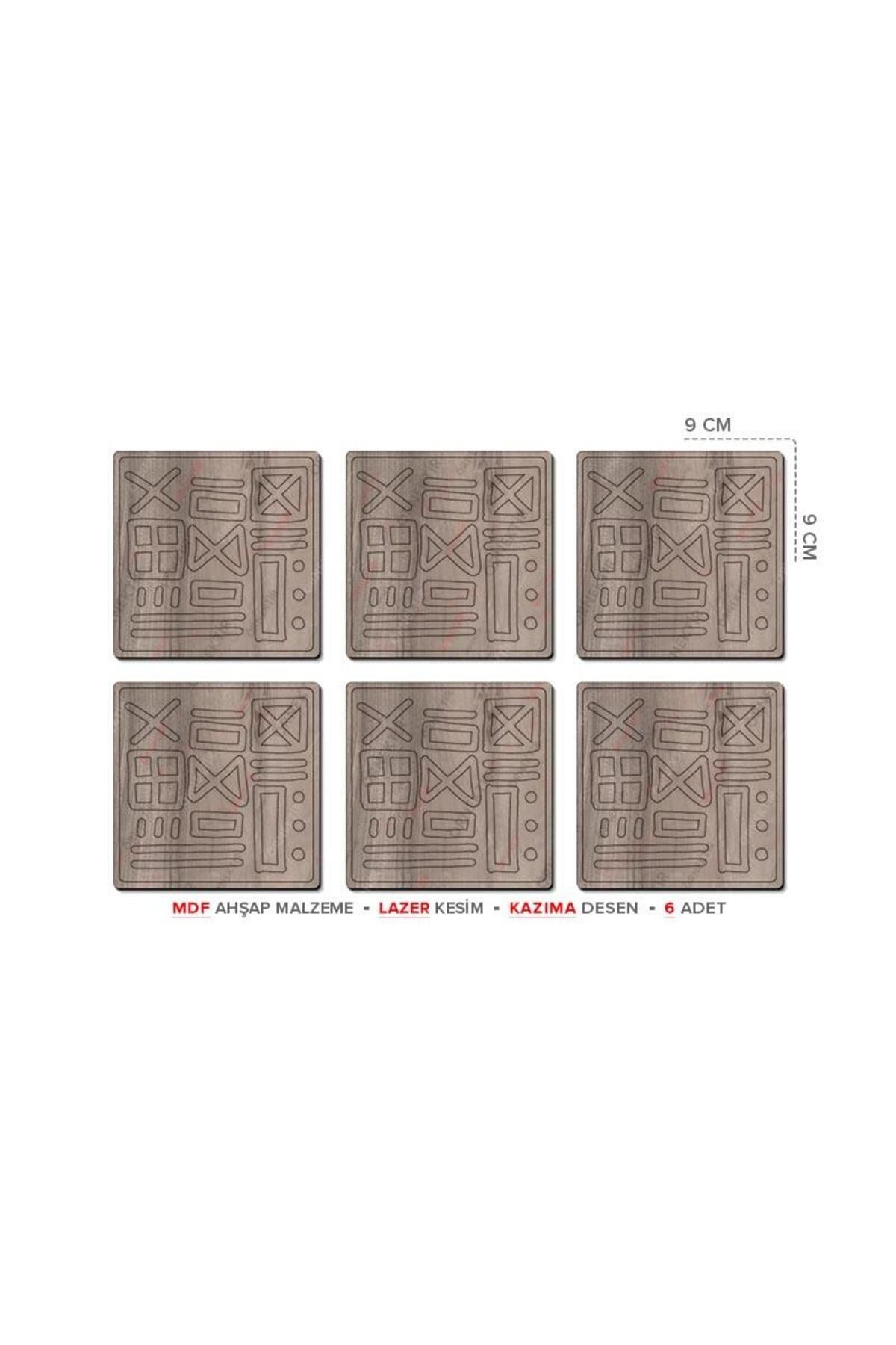 Posterya Ba01004 - Desenli Lazer Kesim Mdf Ahşap Altılı Set Bardak Altlığı (9×9cm)