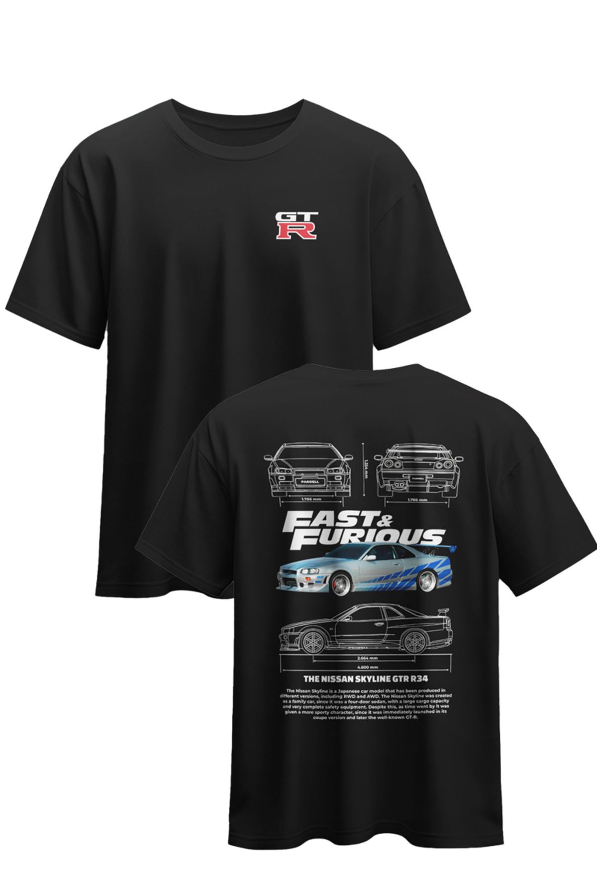 CEVİNDİ Unisex Tşört Nissan GTR R34 Özel Tasarım Baskılı Pamuklu Compact Penye T-shirt (OVERSİZE)