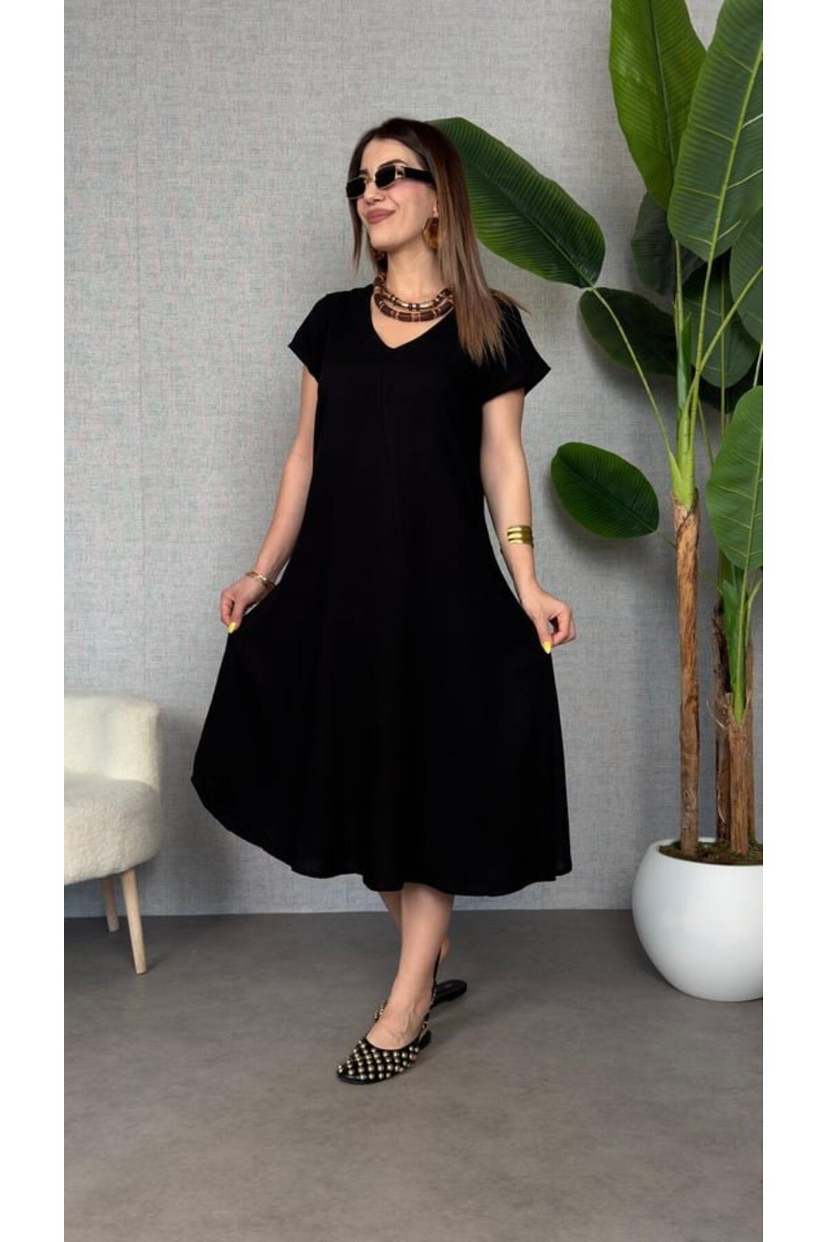 Kokosh moda Kadın Kısa Kollu V Yaka Salaş Maxi Boy Elbise