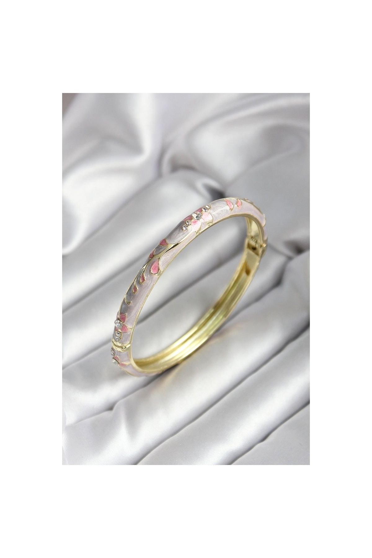 Findit Mineli Pirinç Pembe Çiçek Desenli Gold Renk Kadın Kelepçe