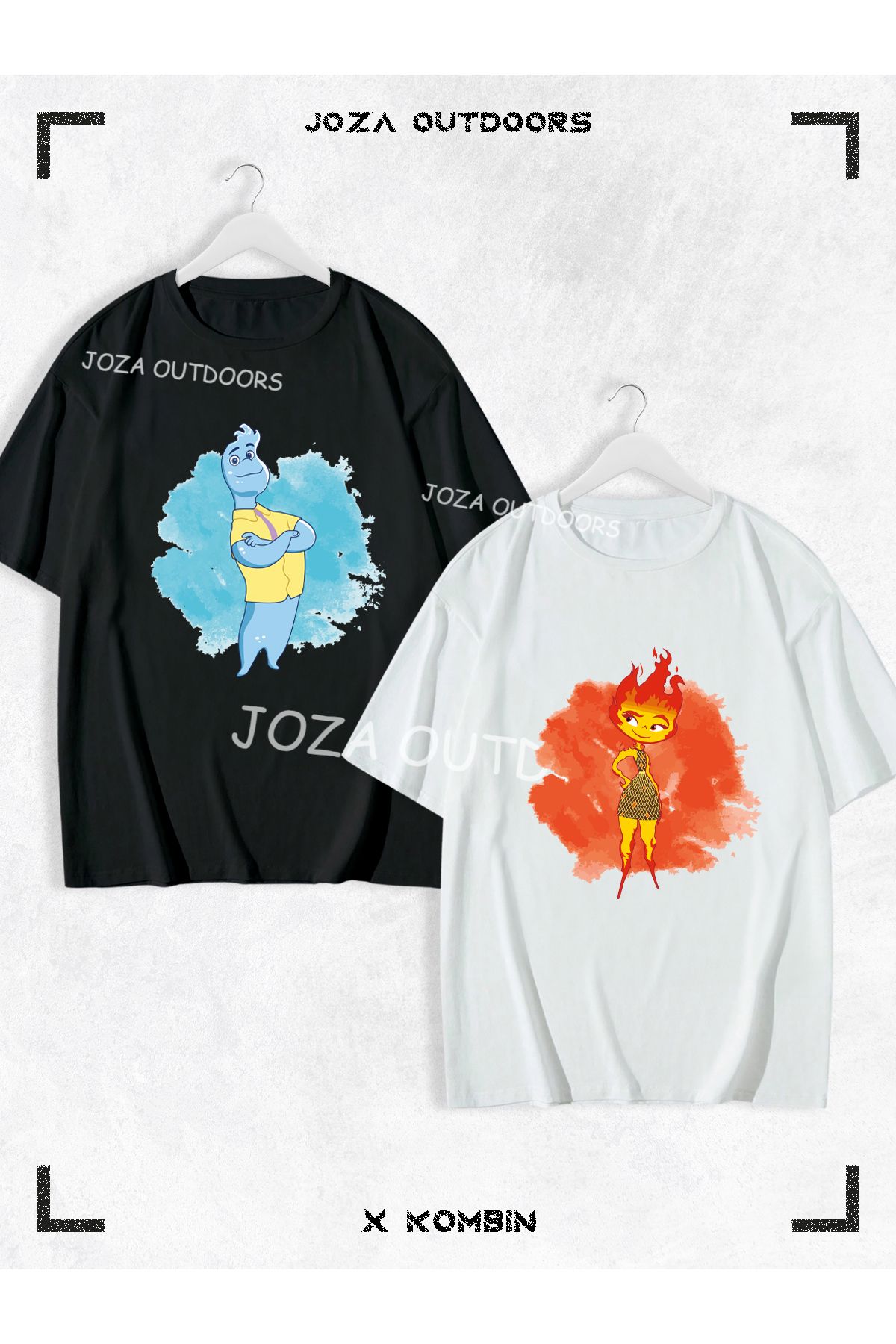 Joza Outdoors Kadın Erkek Unisex Yeni Ateş ve Su Ön Baskılı Sevgili Çift Kombini Oversize Renkli Tshirt 2'li Takım