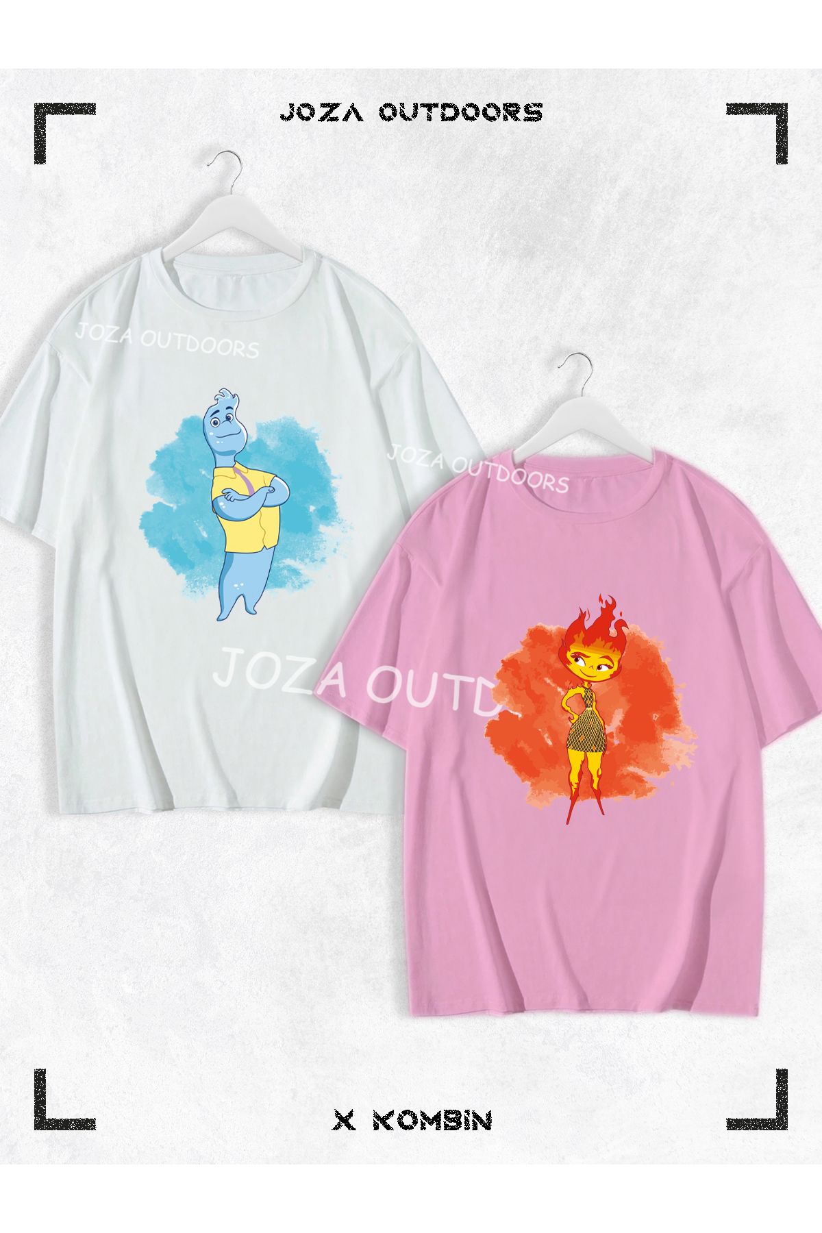 Joza Outdoors Kadın Erkek Unisex Yeni Ateş ve Su Ön Baskılı Sevgili Çift Kombini Oversize Renkli Tshirt 2'li Takım
