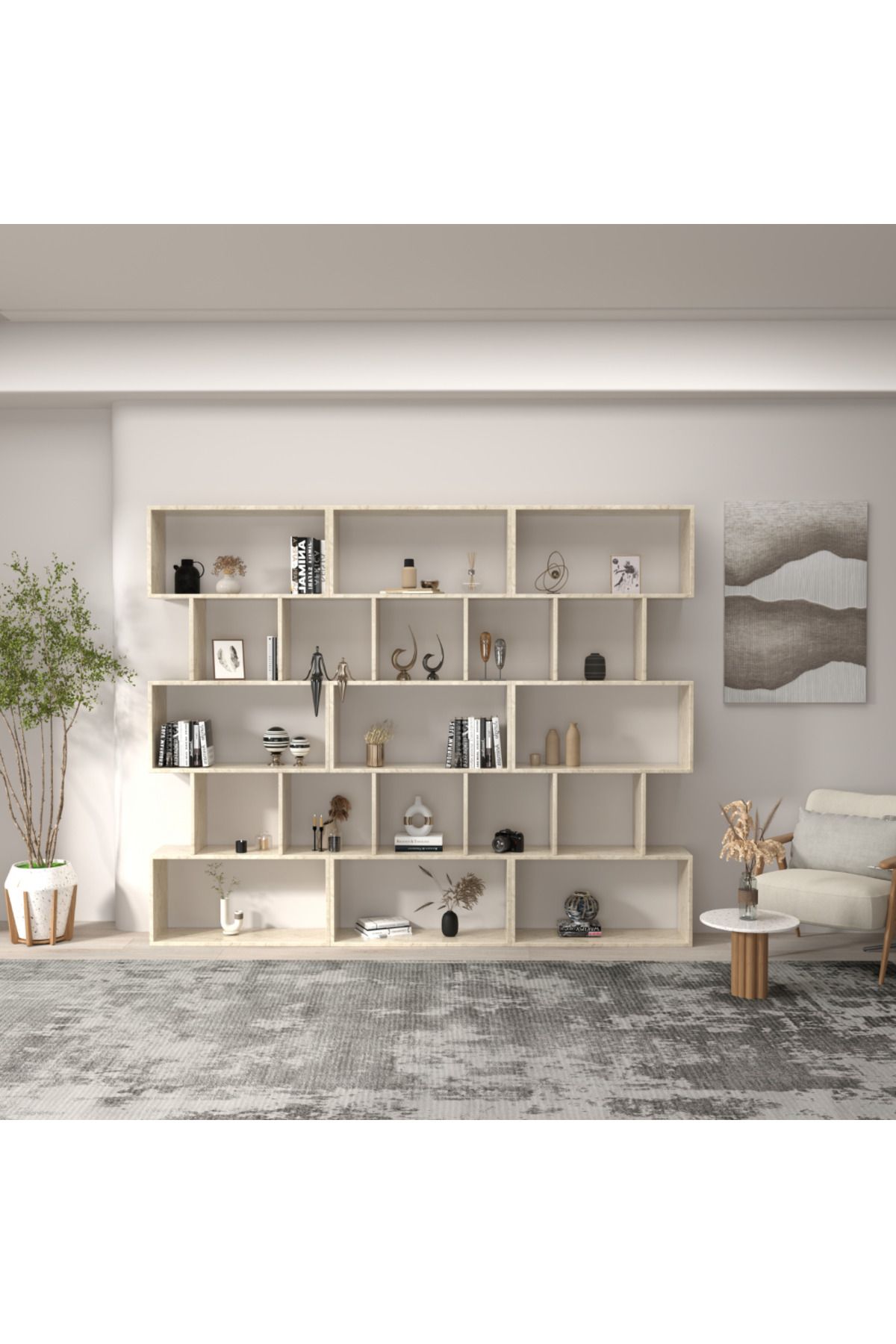 klubeconcept Traverten Desenli Dekoratif Kitaplık 6 Gözlü Modern Raf Ünitesi