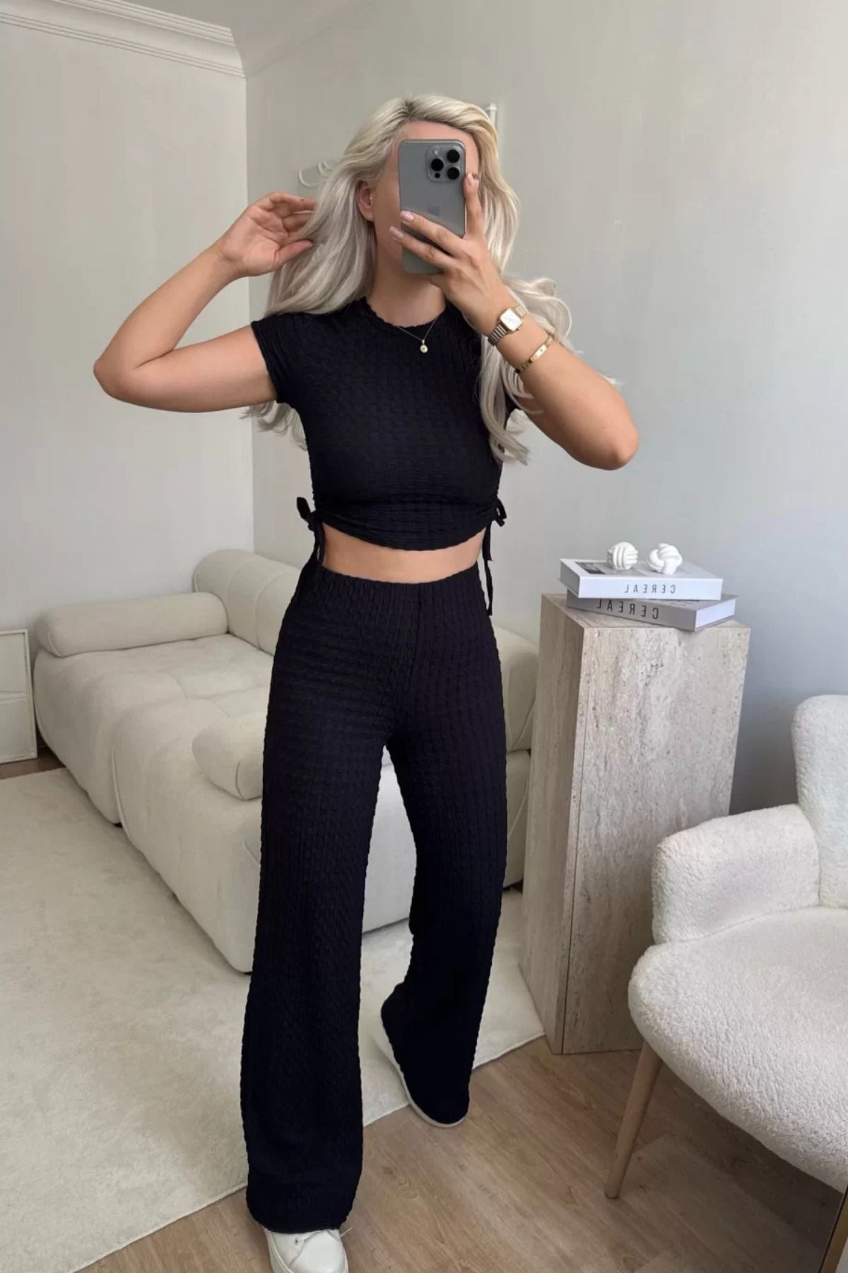 MOZENA Yanları Büzgülü Crop Bluz ve Pantolon Takım