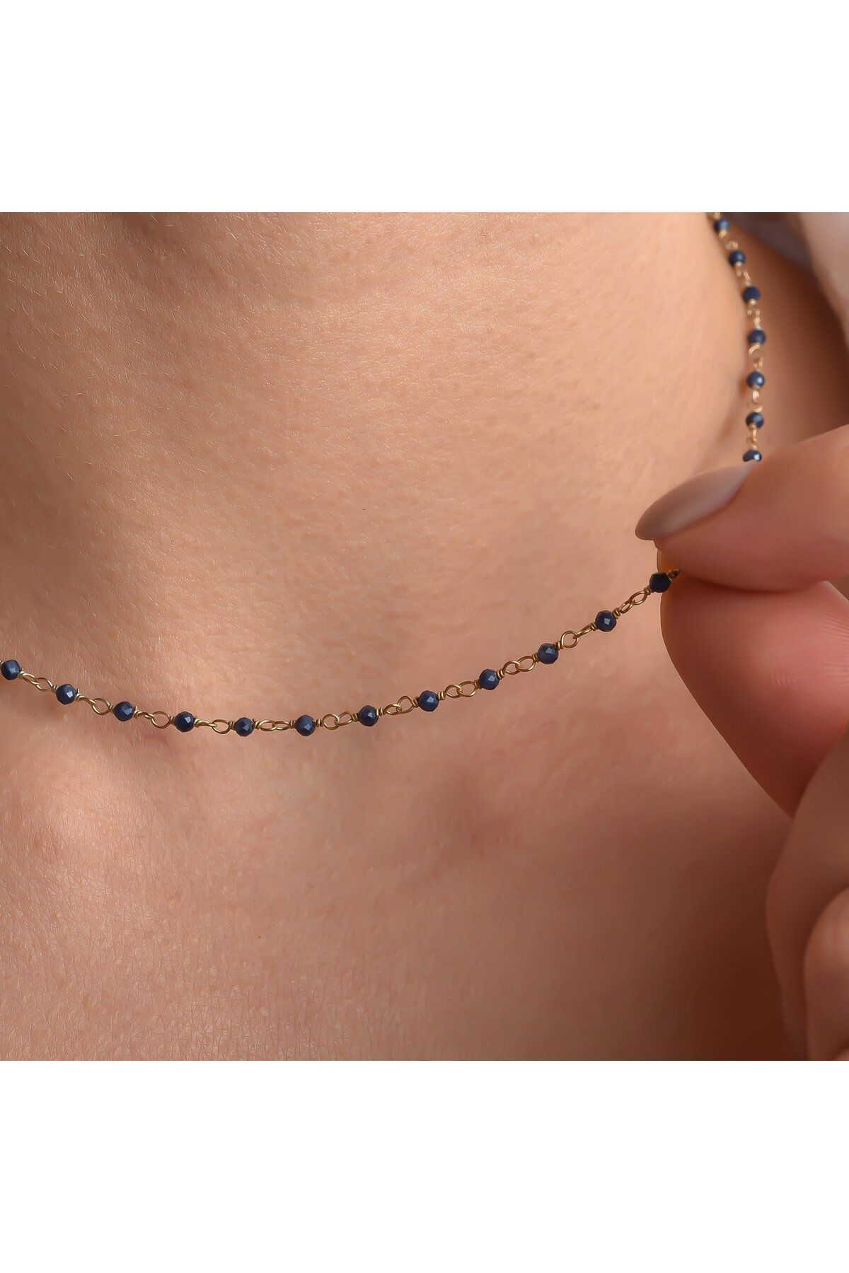Nox Jewelry 14 Ayar Altın Kaplama Safir Doğal Taş El Yapımı Gümüş Kolye - CNS00626