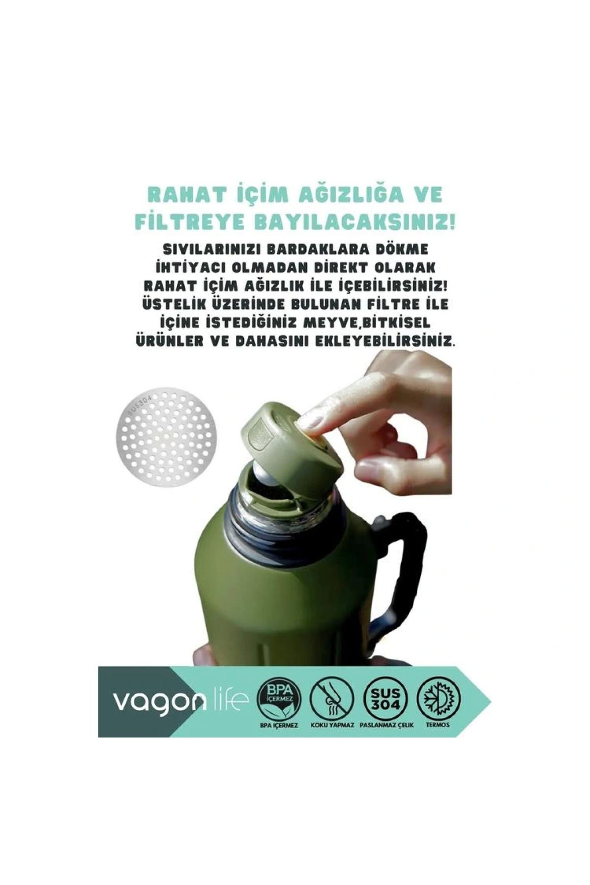 Vagonlife-Vagonli̇fe Haers Stainless Steel Thermoses with Handle Vgn1004 1200 ml Moss Green 4