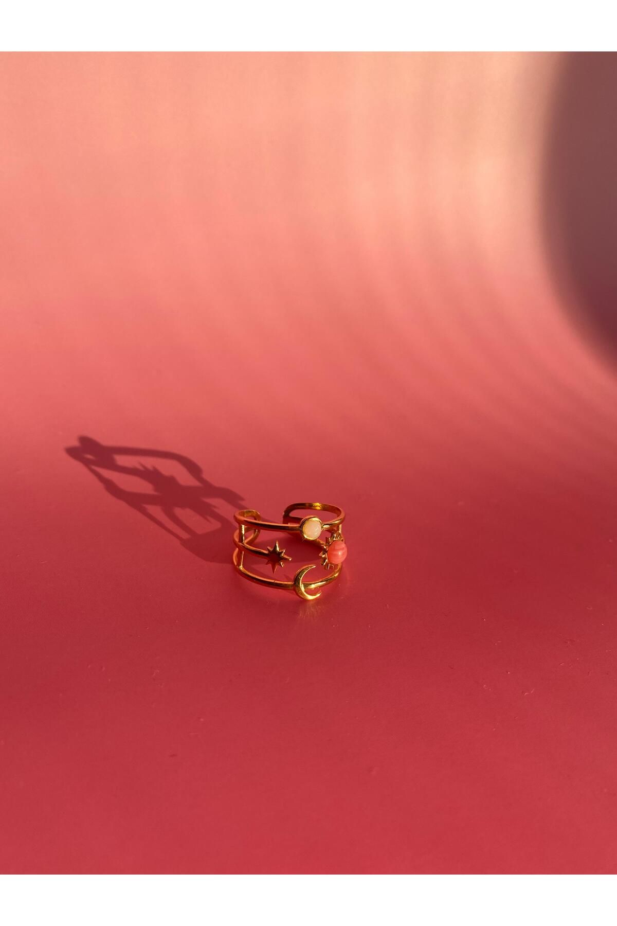 SİMİ TAKI Çelik Vintage Gold Pembe Ayarlanabilir Yüzük