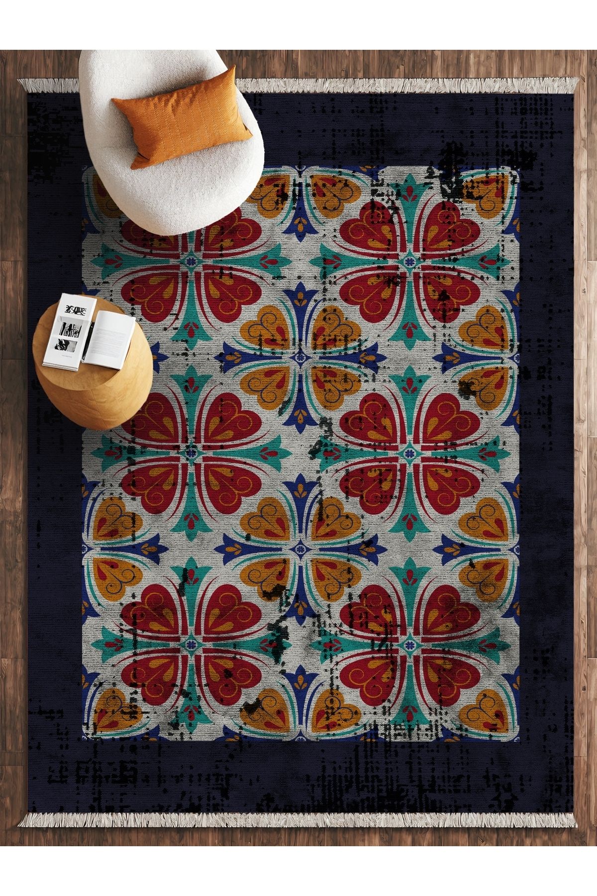 HALIZZON Renkli Çiçek Patchwork Halı Dijital Baskılı Kaymaz Tabanlı Vintage Tarz Halı