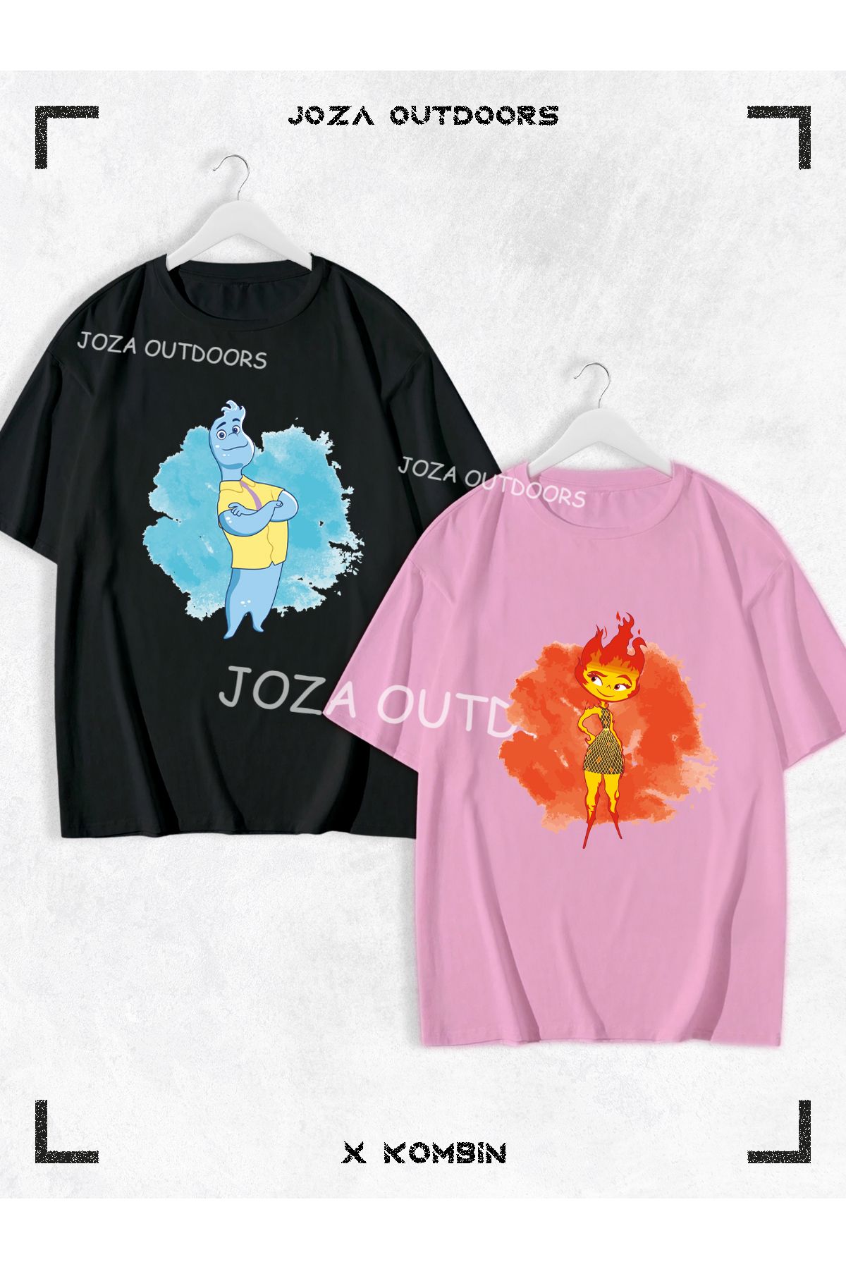 Jobia Outdoors Kadın Erkek Unisex Yeni Ateş ve Su Ön Baskılı Sevgili Çift Kombini Oversize Renkli Tshirt 2'li Takım