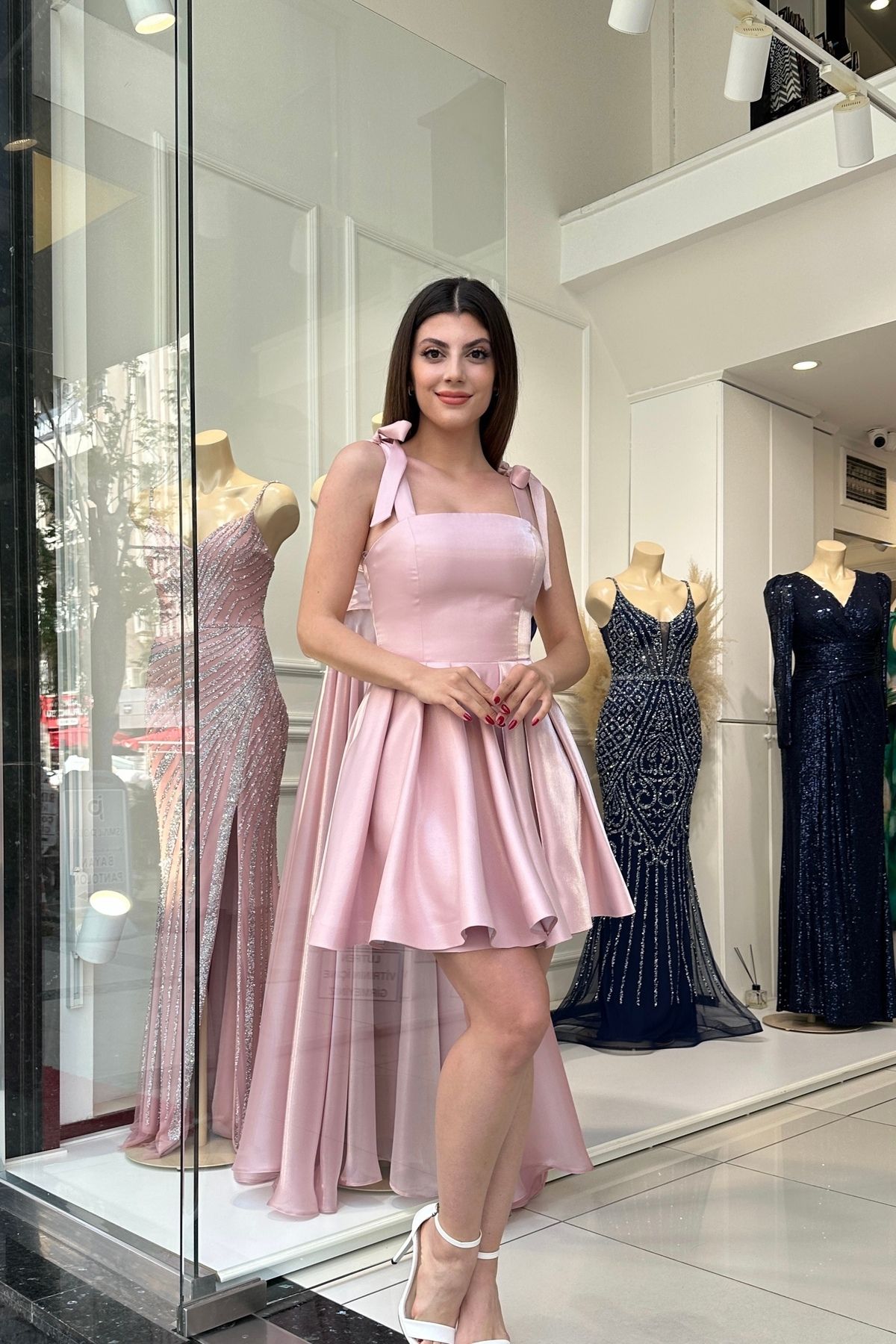 PER LEI Pudra Askı Detaylı Kloş Kısa Saten Abiye Elbise