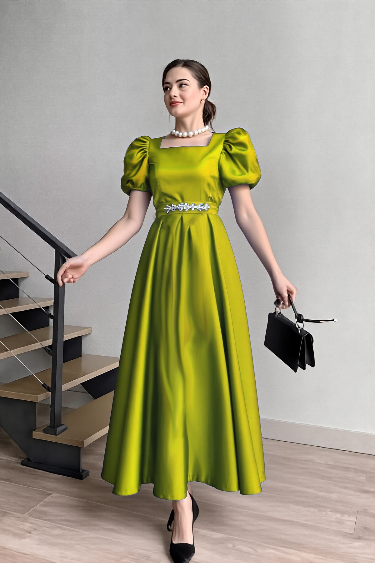 ALFUDO Moda Collection KADIN KARE YAKA KEMER TOKASI DETAYLI VICTORIA ELBİSE