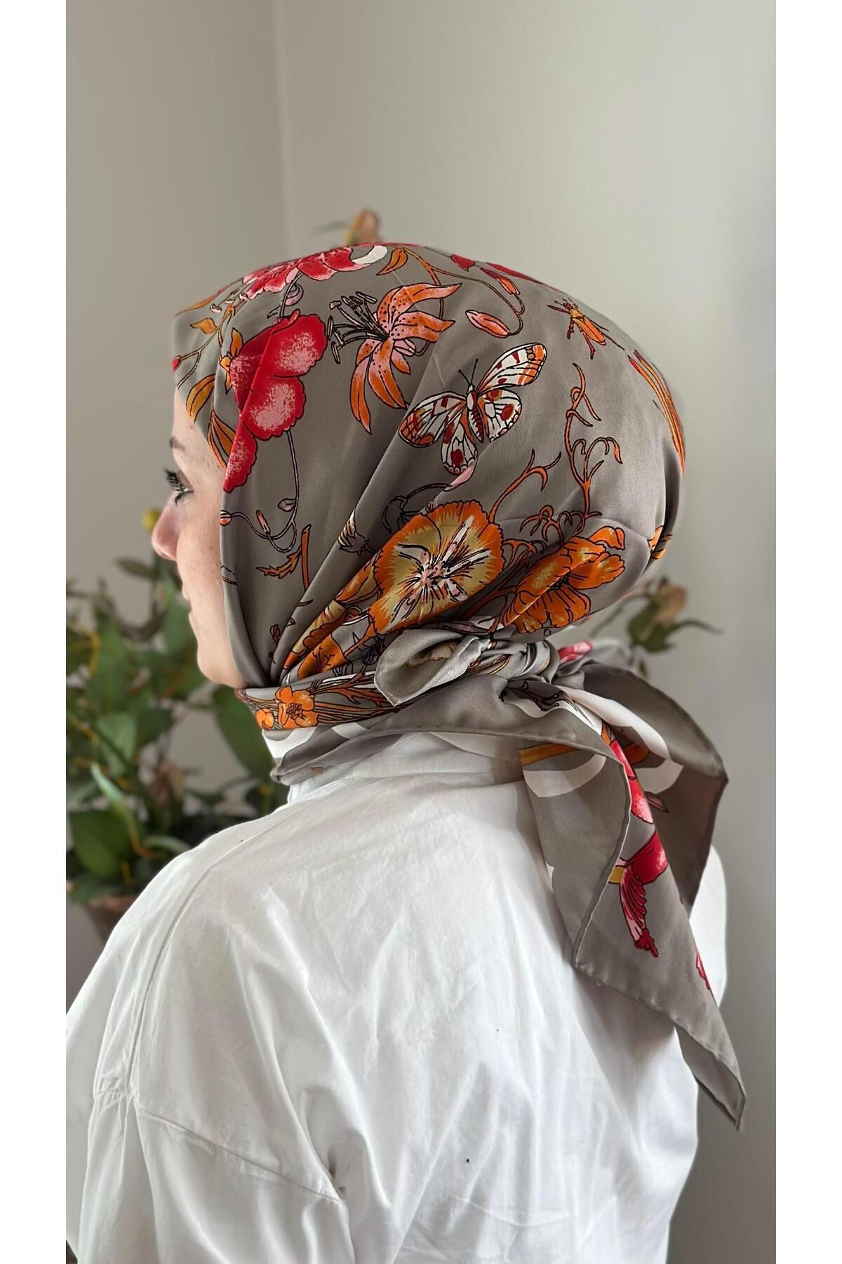 modayışığı G Marka Çiçek Koyu Gri Twill İpek Eşarp