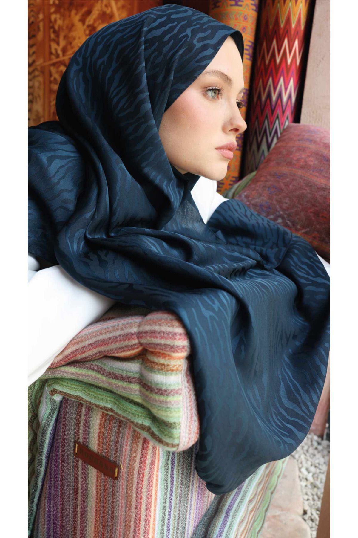 modayışığı Zebra Desen Şal / Akşam Mavi