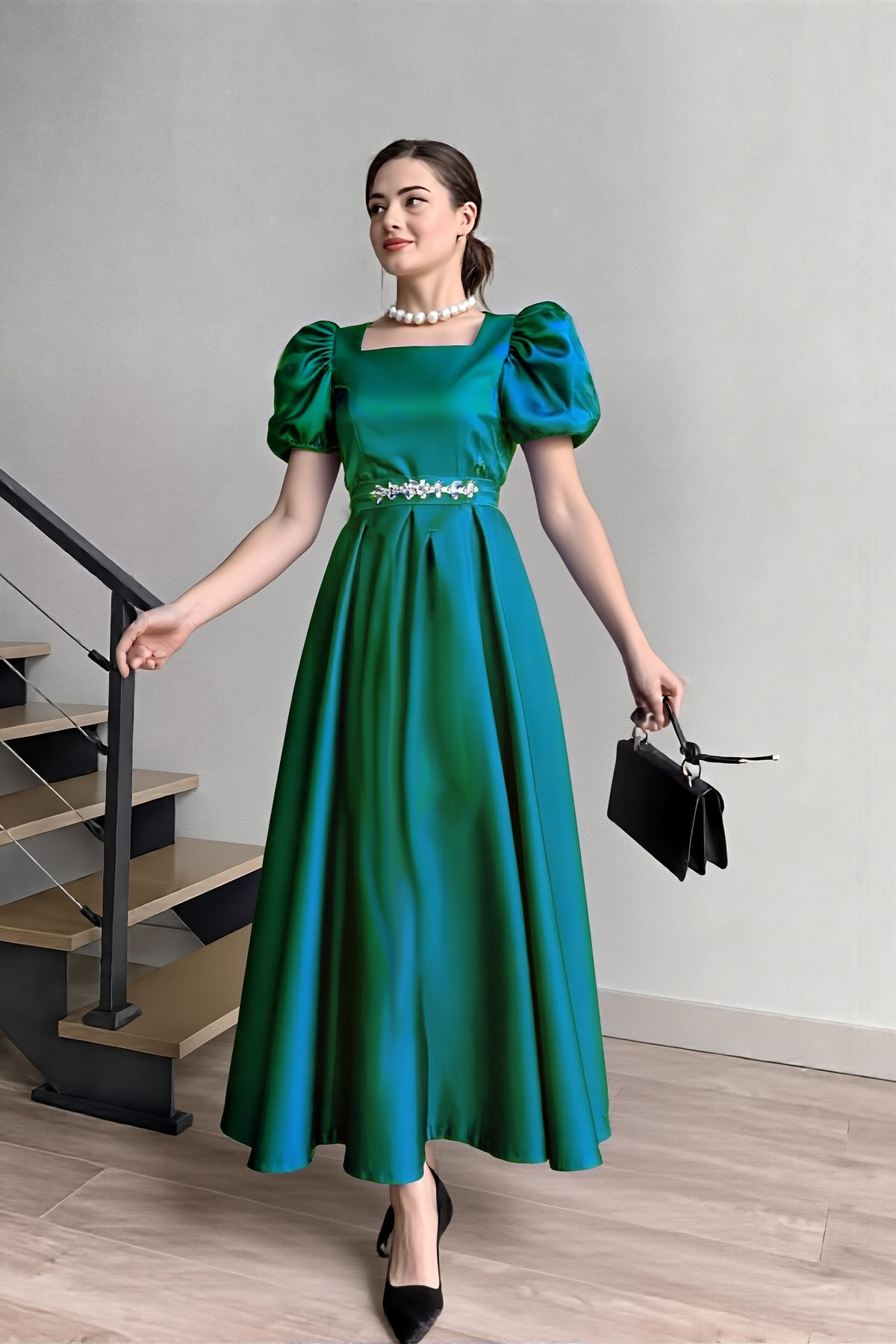 ALFUDO Moda Collection KADIN KARE YAKA KEMER TOKASI DETAYLI VICTORIA ELBİSE