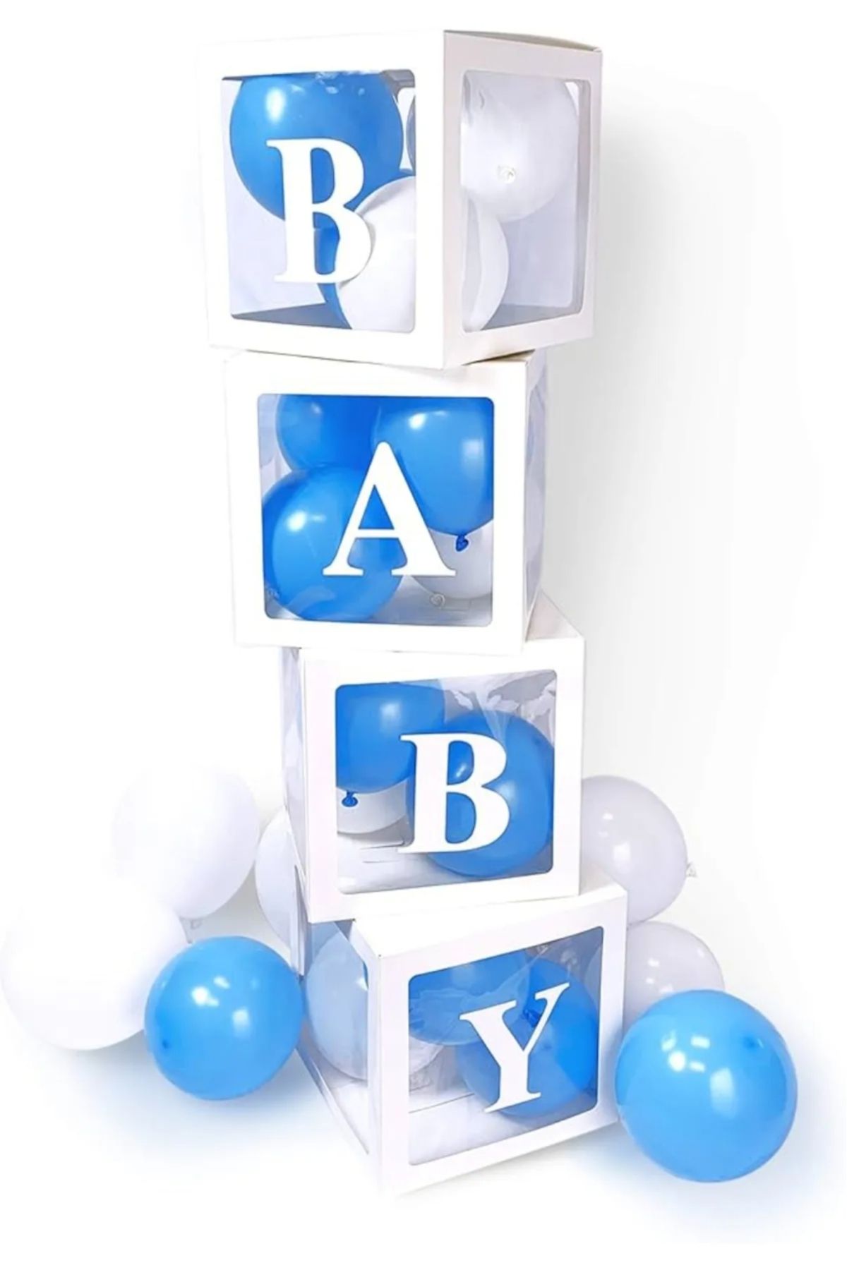 motto party Doğumgünü Hastane Odası Süsleme Baby Yazılı Mavi Beyaz Balonlu Şeffaf Balon Kutusu BABY