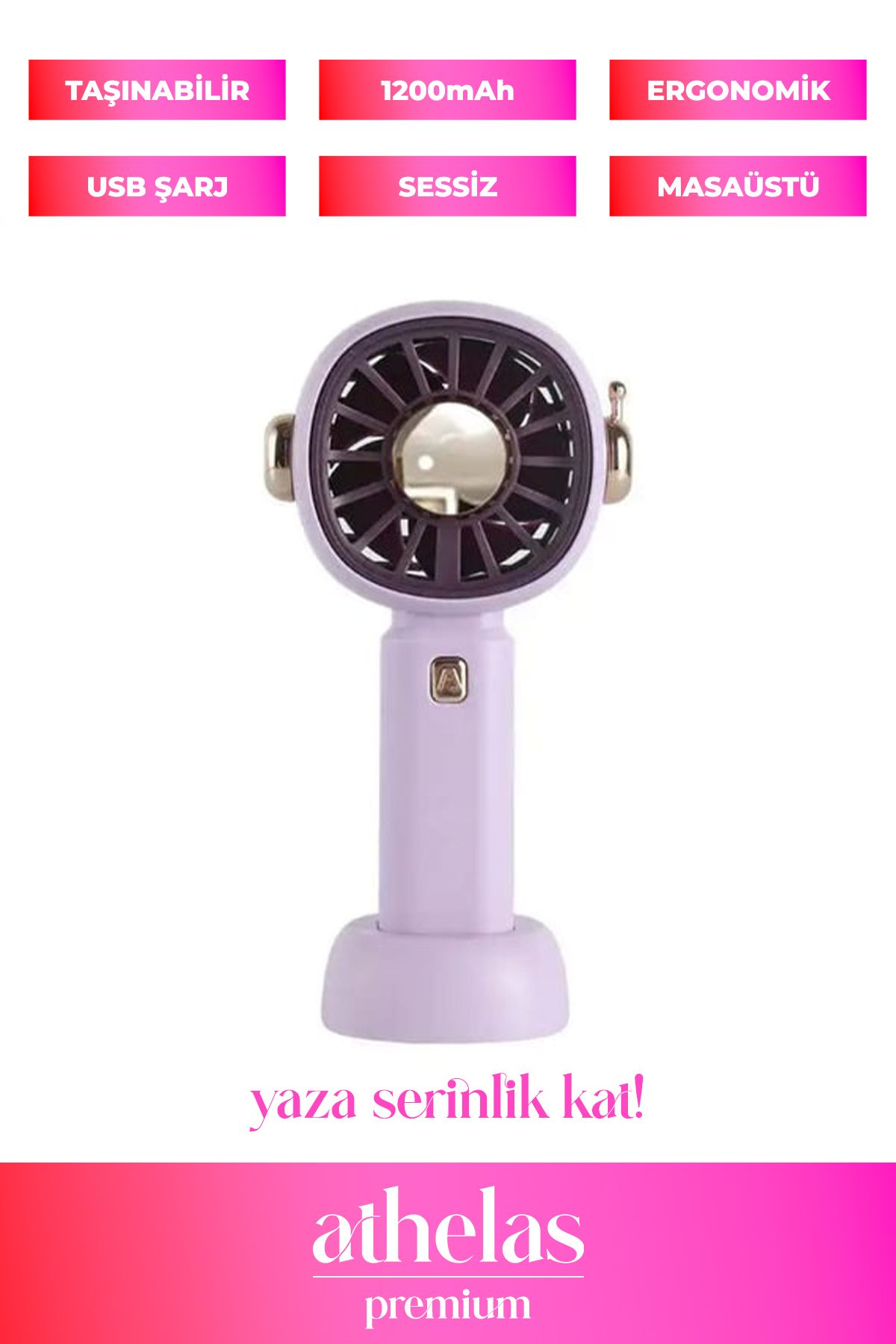 Athelas 3 Kademeli 1200mAh Şarjlı Sessiz Mini Masa & El Fanı | USB Soğutucu Taşınabilir Kaliteli Vantilatör