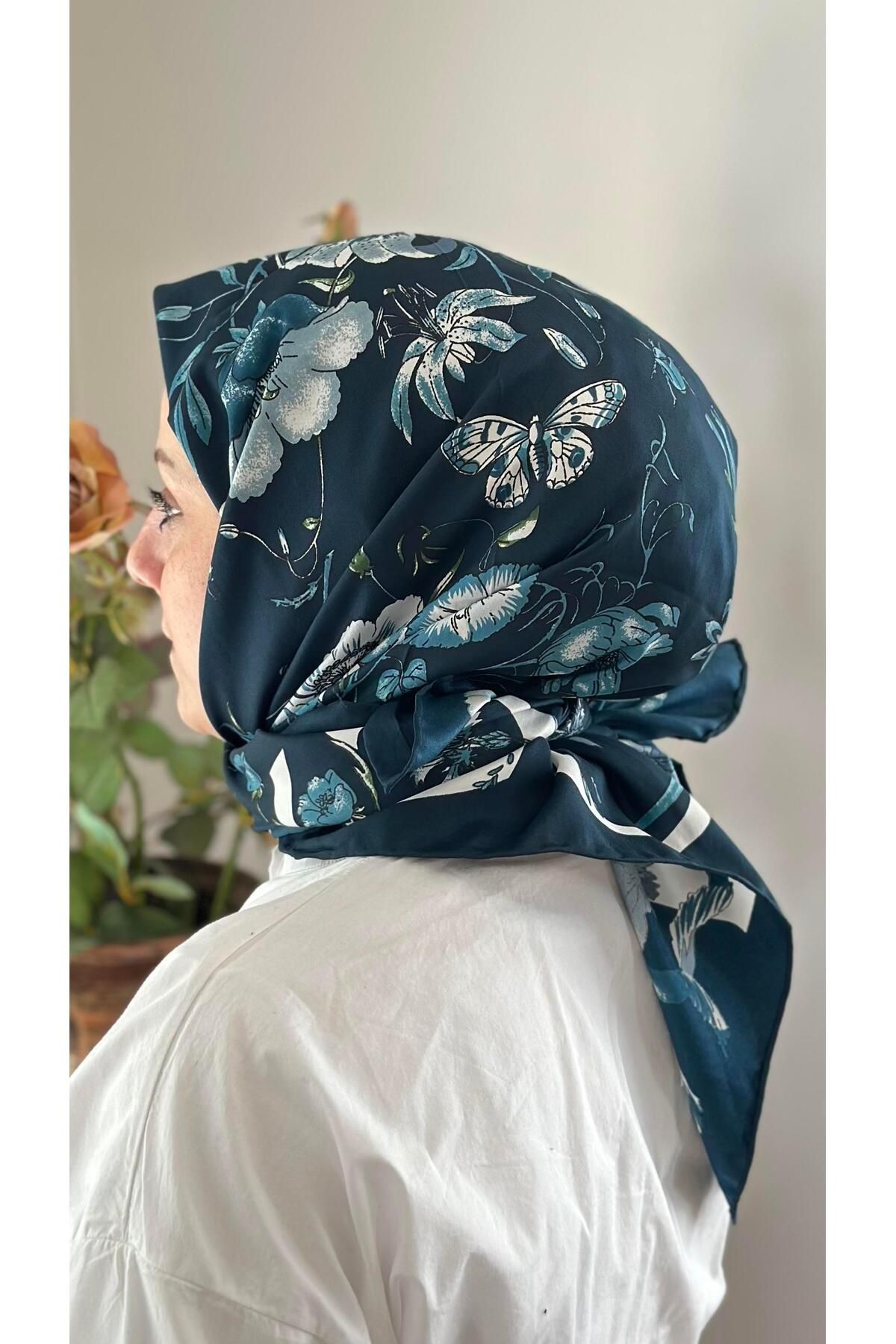 modayışığı G Marka Çiçek Mavi Twill İpek Eşarp