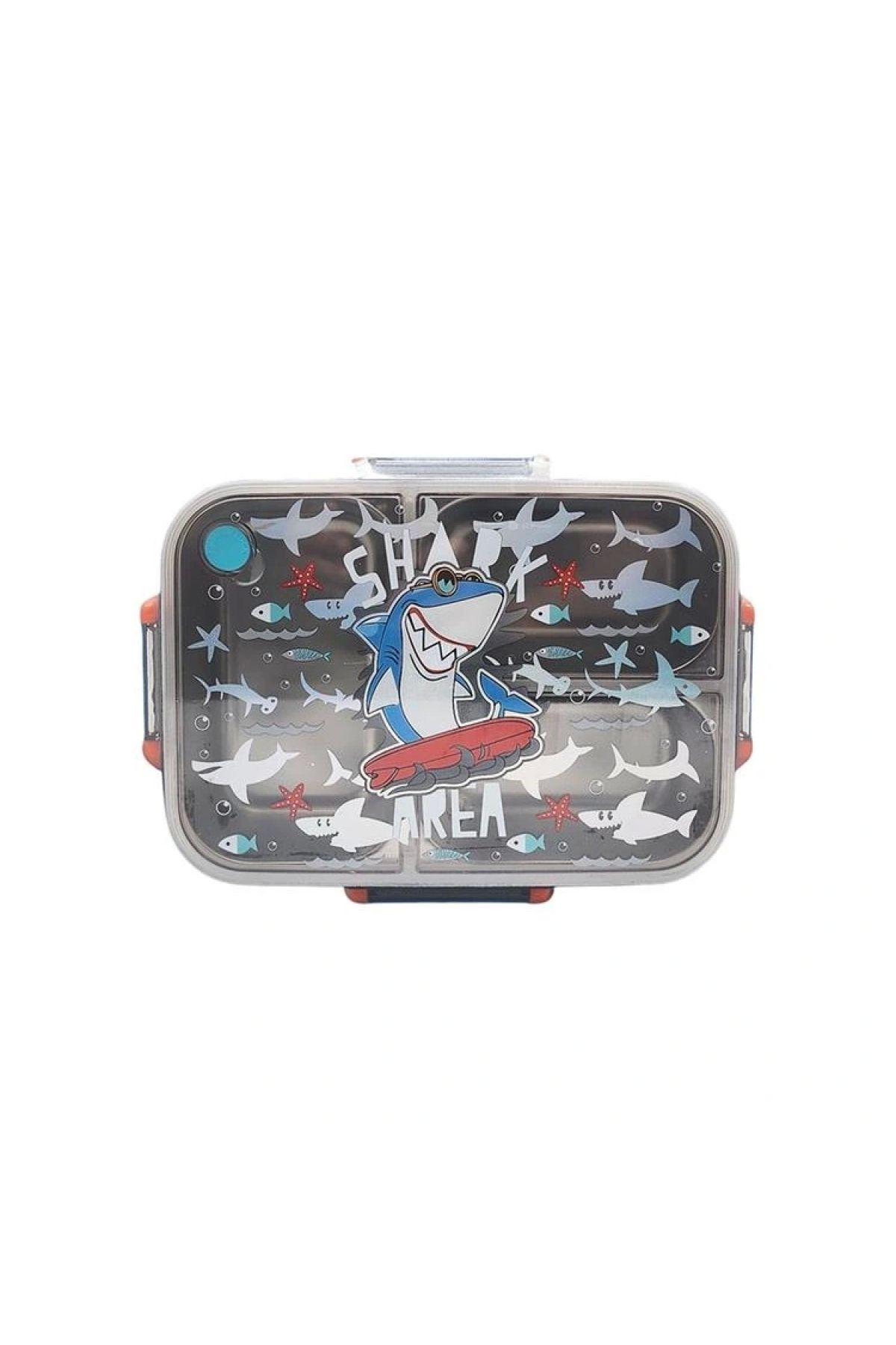 Vest Bes0012 Köpek Balığı Desenli Şeffaf Kapaklı 3 Bölmeli 800 ml Çelik Beslenme Kabı