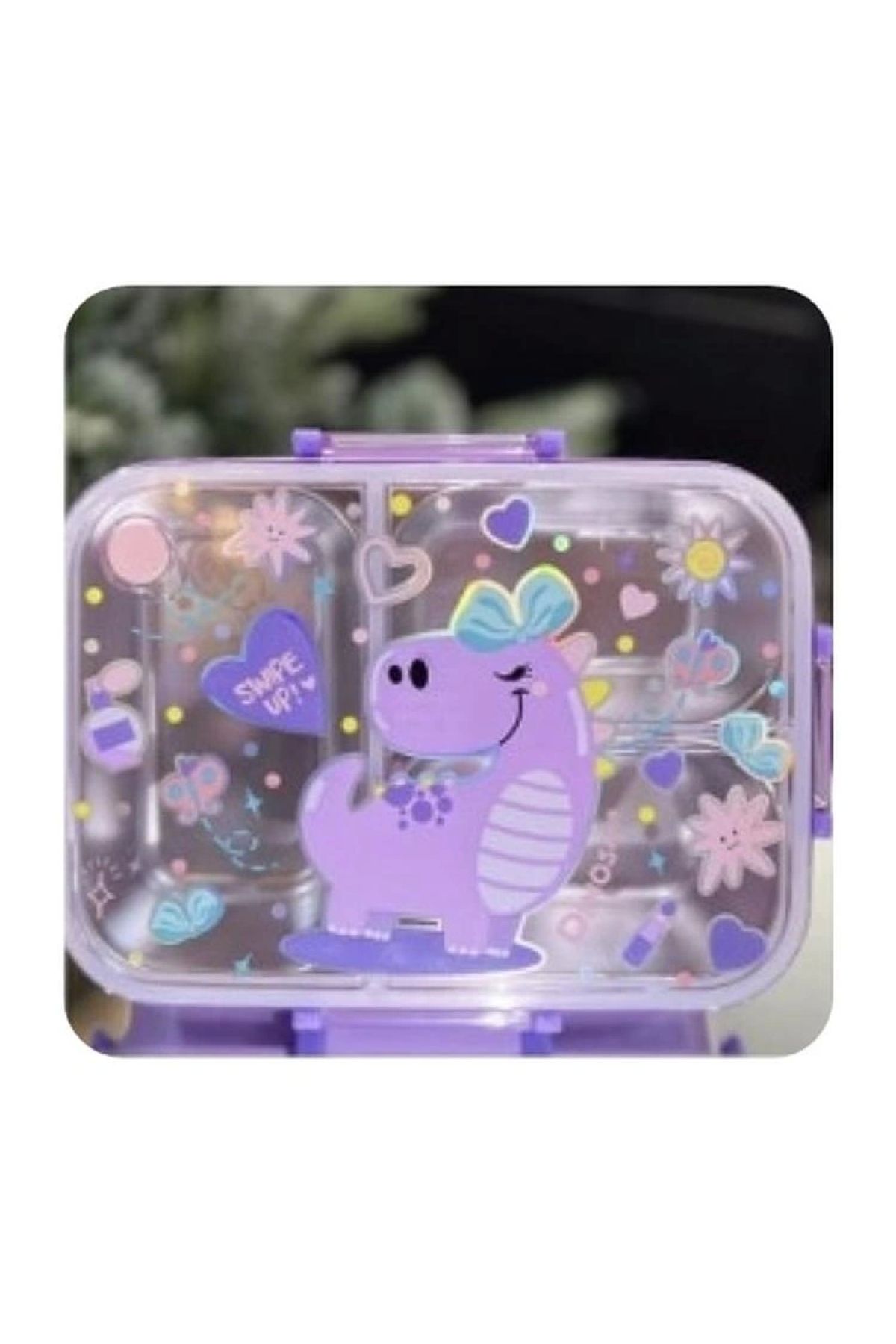 Vest Bes0019 Mor Dino Desenli Şeffaf Kapaklı 3 Bölmeli 800 ml Çelik Beslenme Kabı