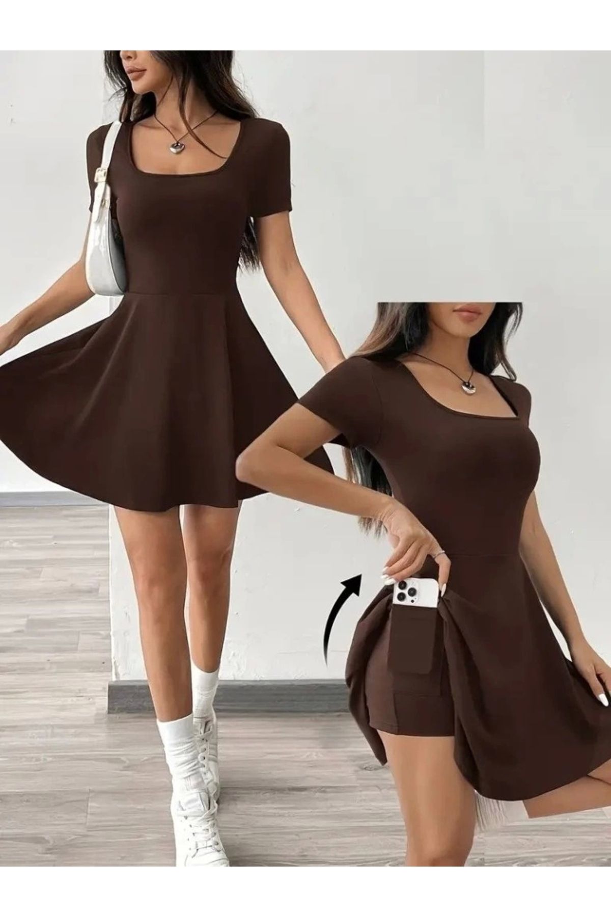 nedo7 Kadın Kısa Kollu Kare Yaka Short Detaylı Cepli Dalgıç Elbise