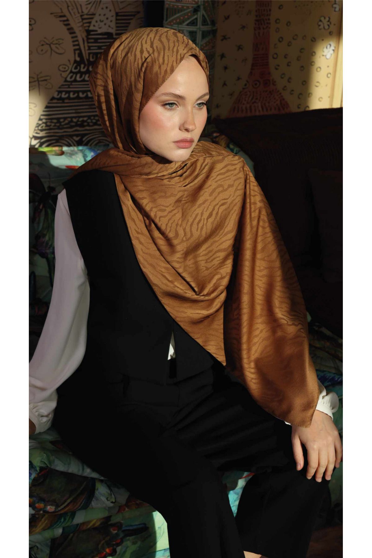 modayışığı Zebra Desen Şal / Bal Kahve