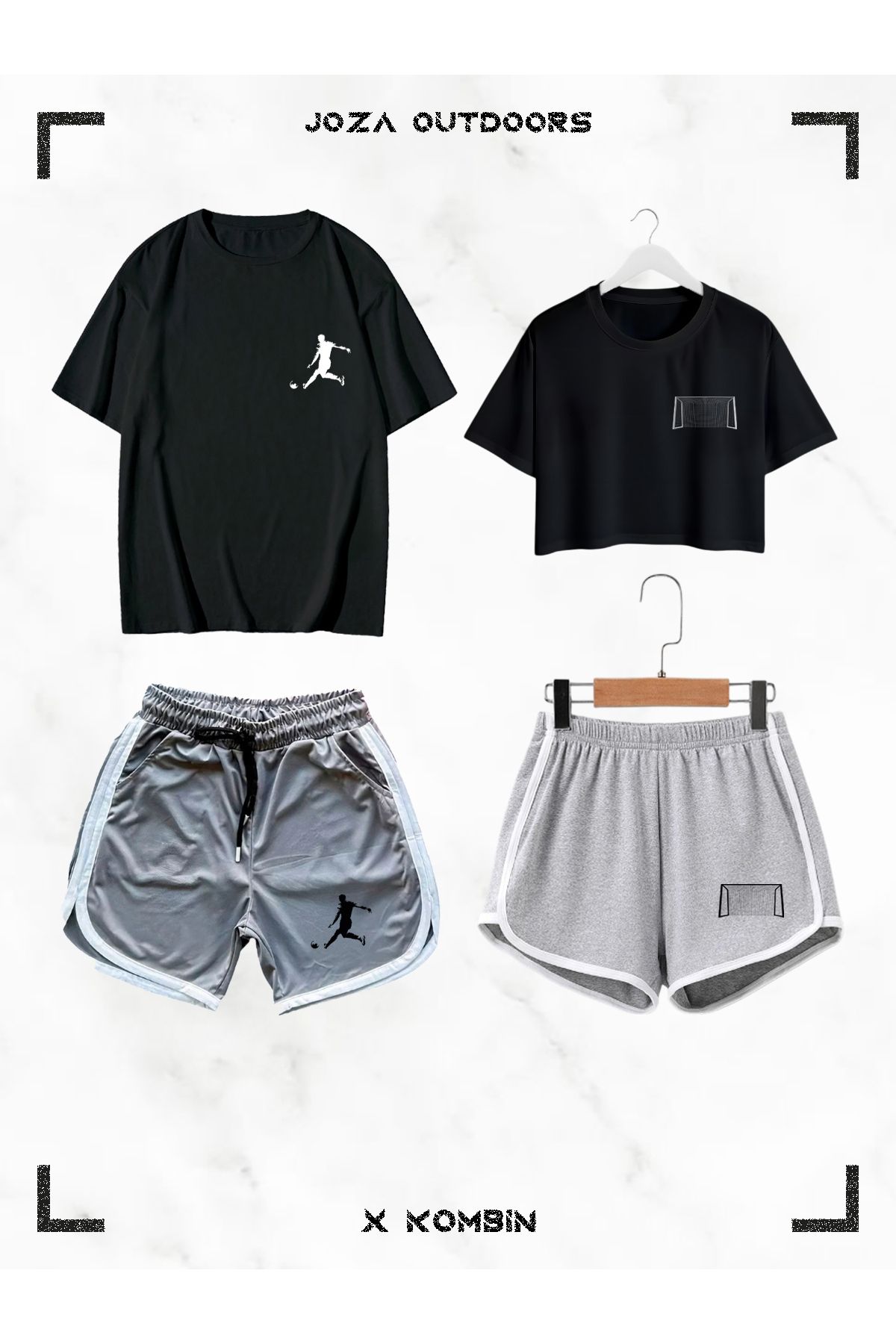 Jobia Outdoors Kadın Erkek Futbolcu Futbol Kalesi Baskılı Sevgili Çift Kombini Tasarım Oversize Tshirt Şort 4lü Set