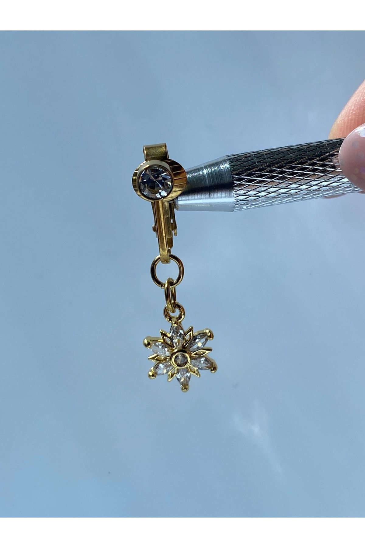 kurukafagift Çelik Göbek Piercing Mıknatıslı Deliksiz Kullanım Sıkıştırmalı Kar Tanesi Model