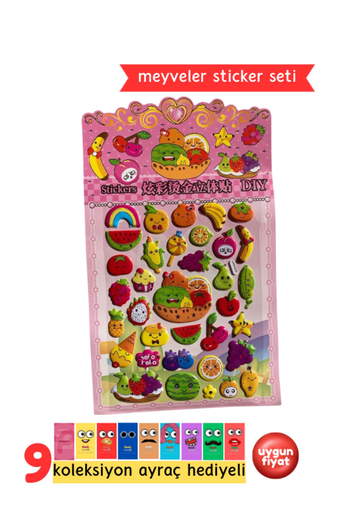 Pembe Pasaj Meyve Sebze Sticker - Çocuklar İçin Kabartmalı Sticker Etiket