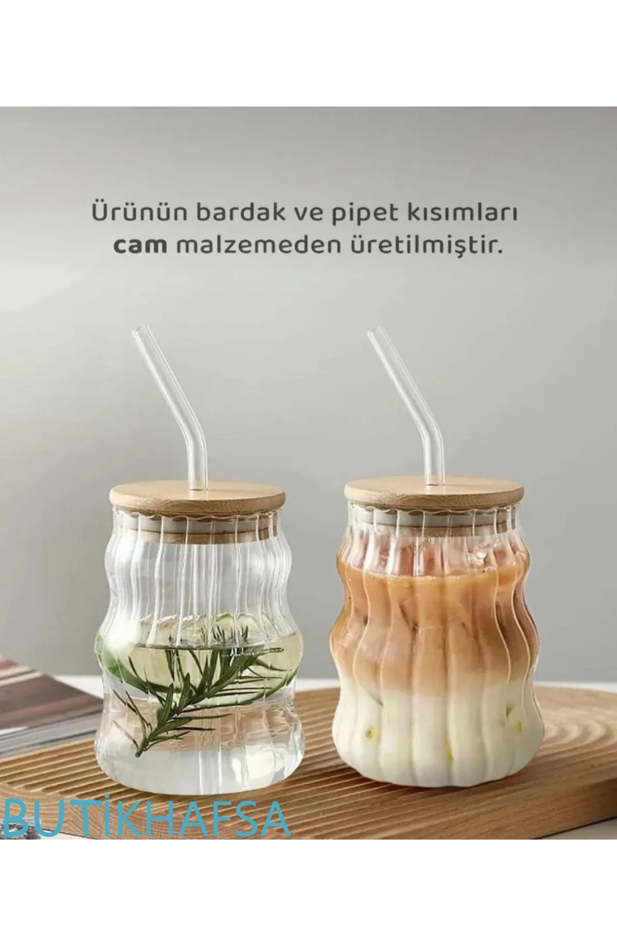 BUTİKHAFSA Bambu Kapaklı Pipetli Borosilikat Kahve Sunum Bardağı Isı Dayanıklı Bardak (550 ML) Berry