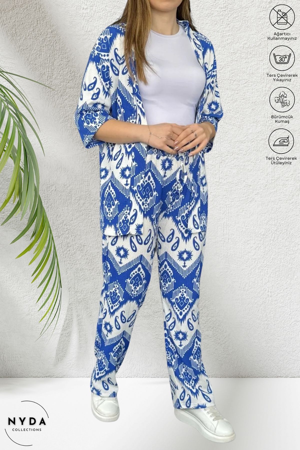 Nyda Collections Desenli Likralı Bürümcük Kumaş Lastikli Bel Hırkalı İnce Yazlık Kadın Kimono Takım