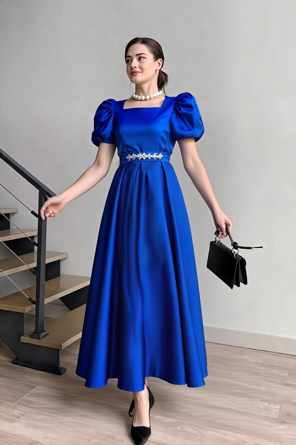 ALFUDO Moda Collection KADIN KARE YAKA KEMER TOKASI DETAYLI VICTORIA ELBİSE