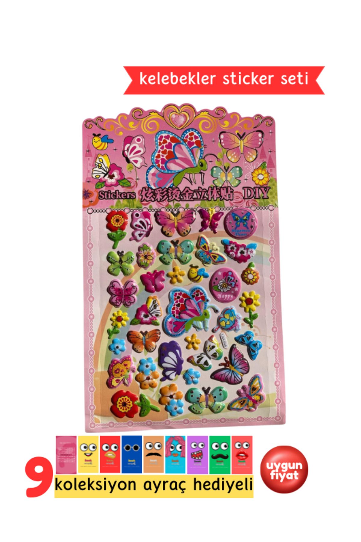 Pembe Pasaj Kelebek Sticker - Çocuklar İçin Kabartmalı Sticker Etiket