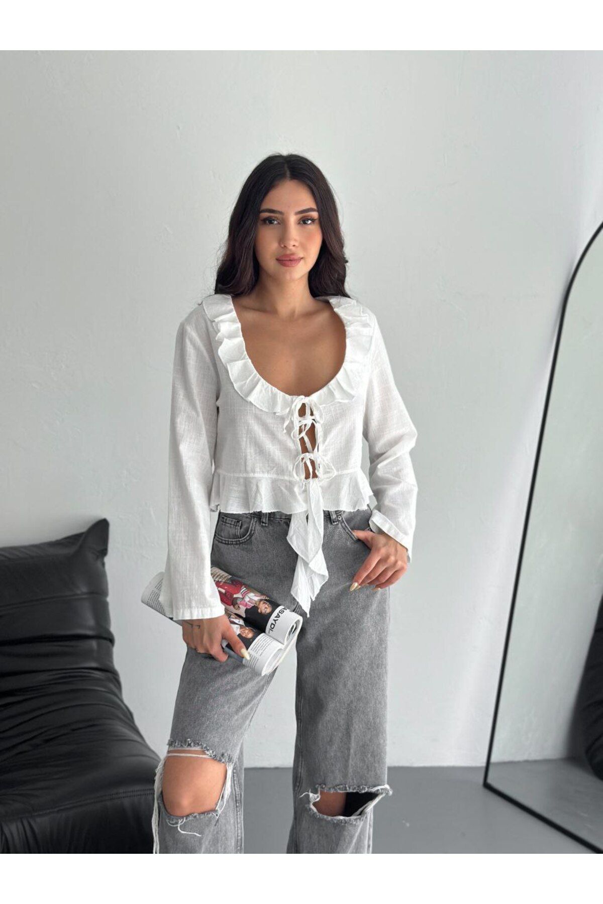 MODA Keten Kumaş Fırfır Yaka Detaylı Bağlamalı Bluz