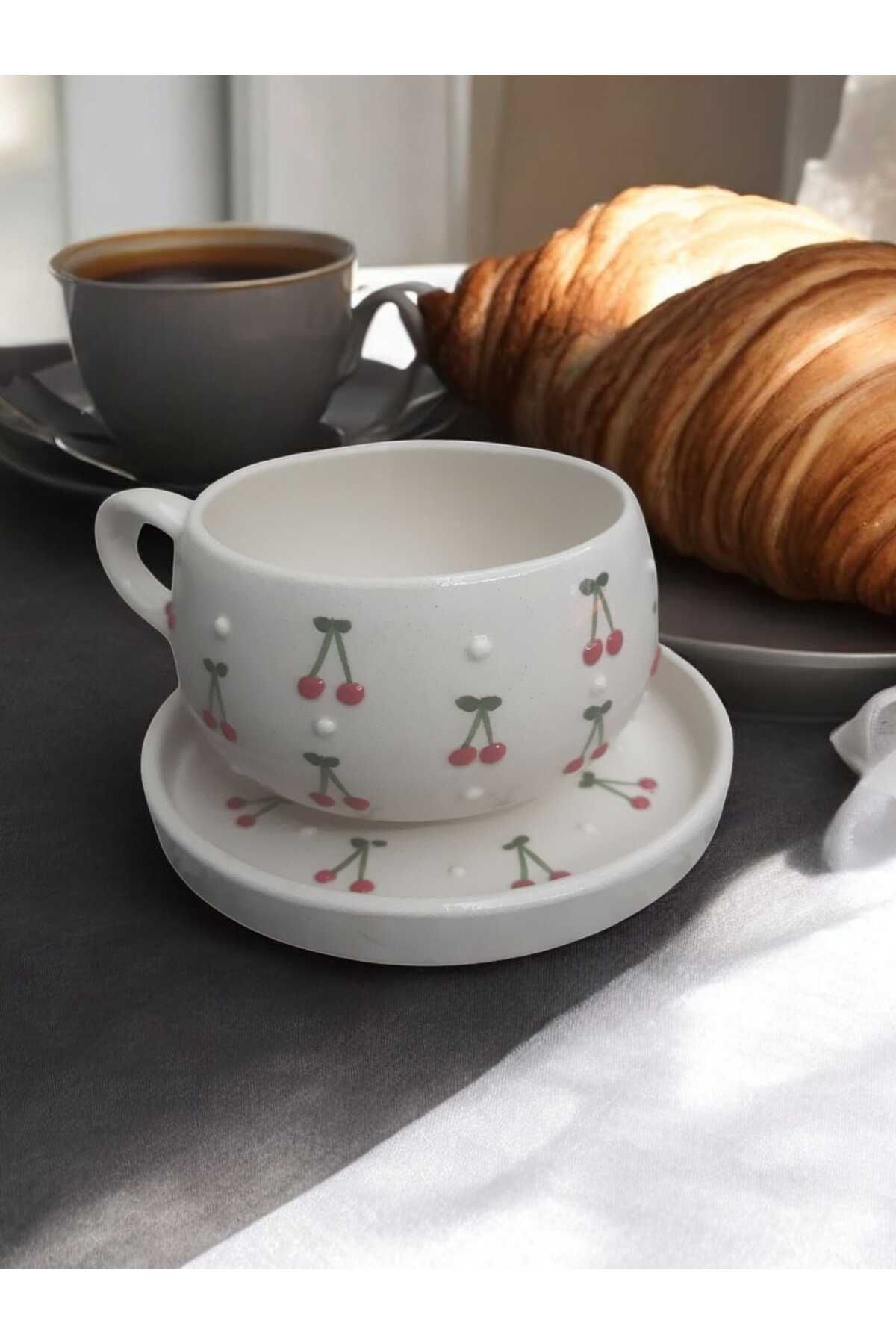 Home Seramik El Işciliği Kabartmalı Kiraz Desenli Tek Kişilik Tabaklı Fincan