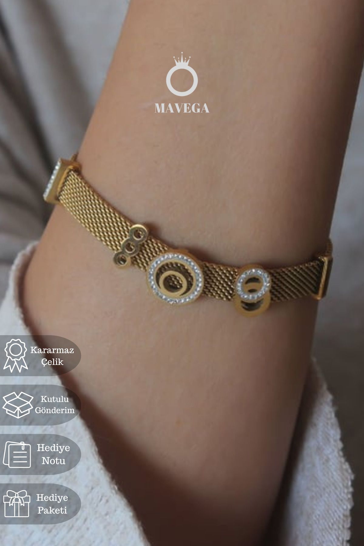 MAVEGA Yüksek Kalite Kararmaz Çelik Zirkon Taş Daire Figür Hasır Zincir Kadın Bileklik | Altın Renk, 23 Cm