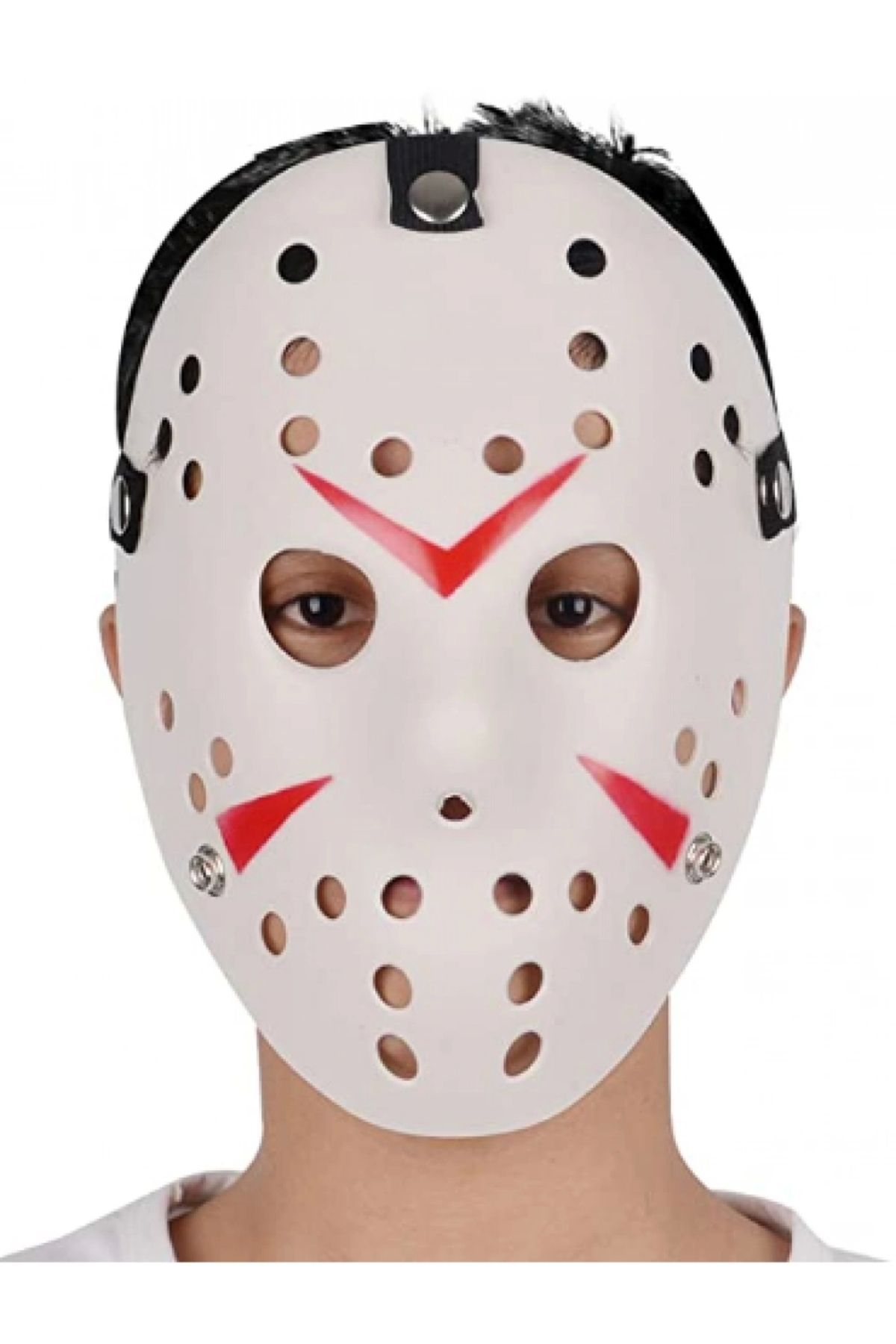 OurStyles Beyaz Renk Kırmızı Çizgili Tam Yüz Hokey Jason Maskesi Hannibal Maskesi
