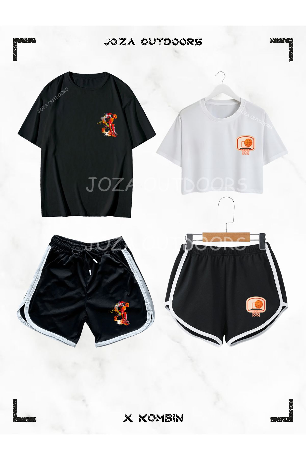 Joza Outdoors Kadın Erkek Basket Topu Basket Potası Baskılı Sevgili Çift Kombini Oversize Tshirt Şort 4lü Set