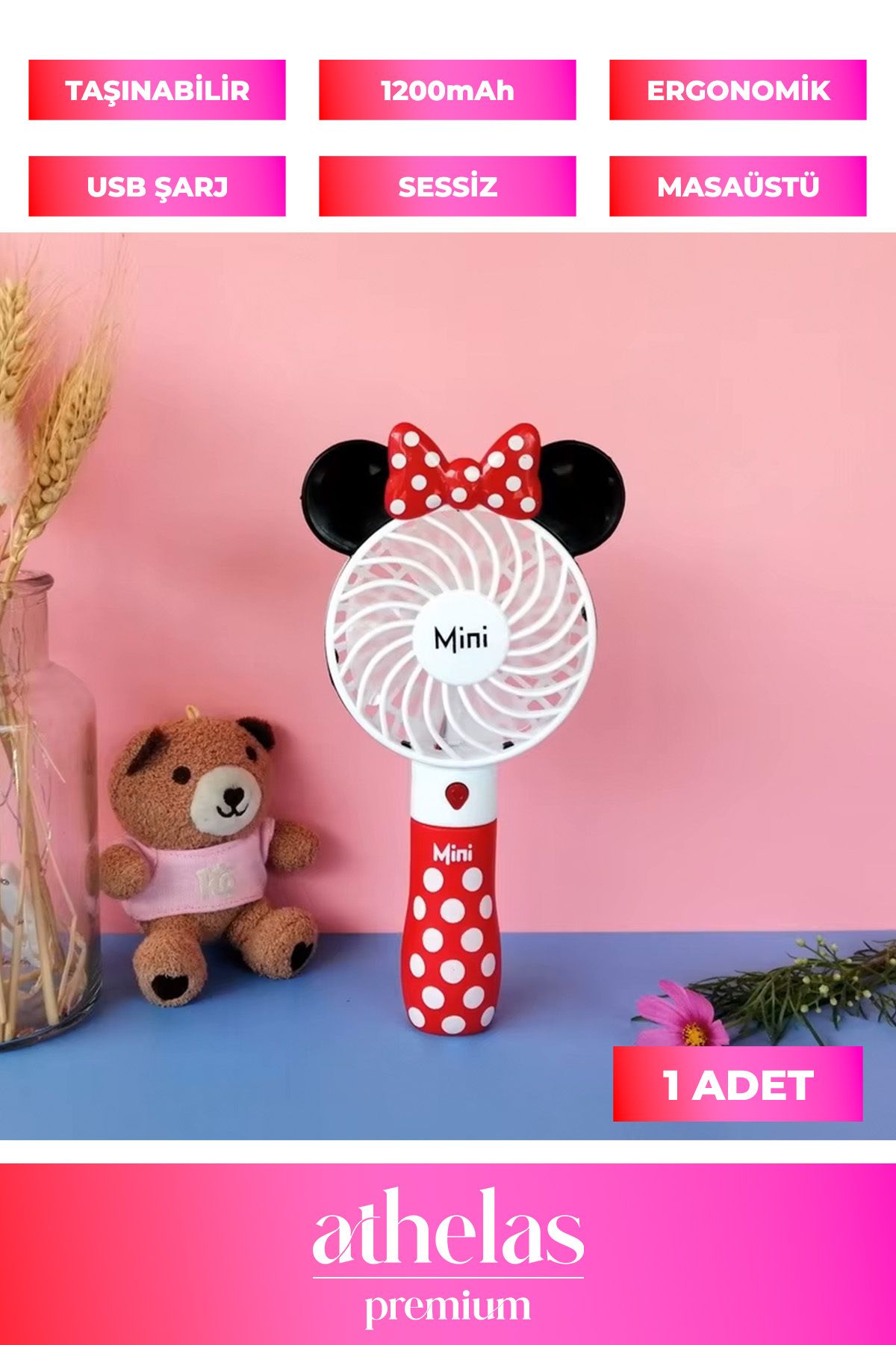 Athelas Mini Miki Mouse Kablosuz 1200mAh Pervaneli Taşınabilir USB Şarjlı Masa El Fanı Hafif Vantilatör