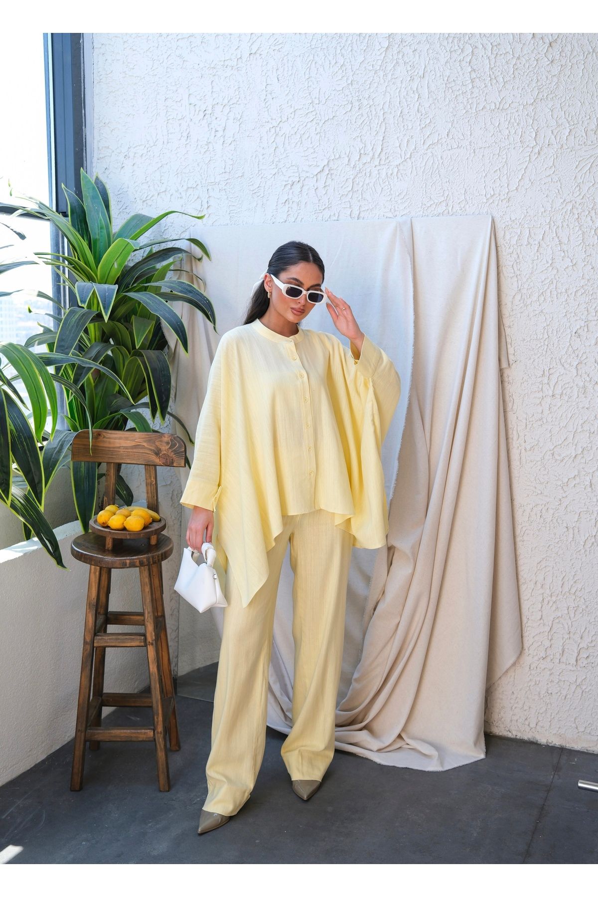 ENZOI Keten Oversize Gömlek Pantolon Takım